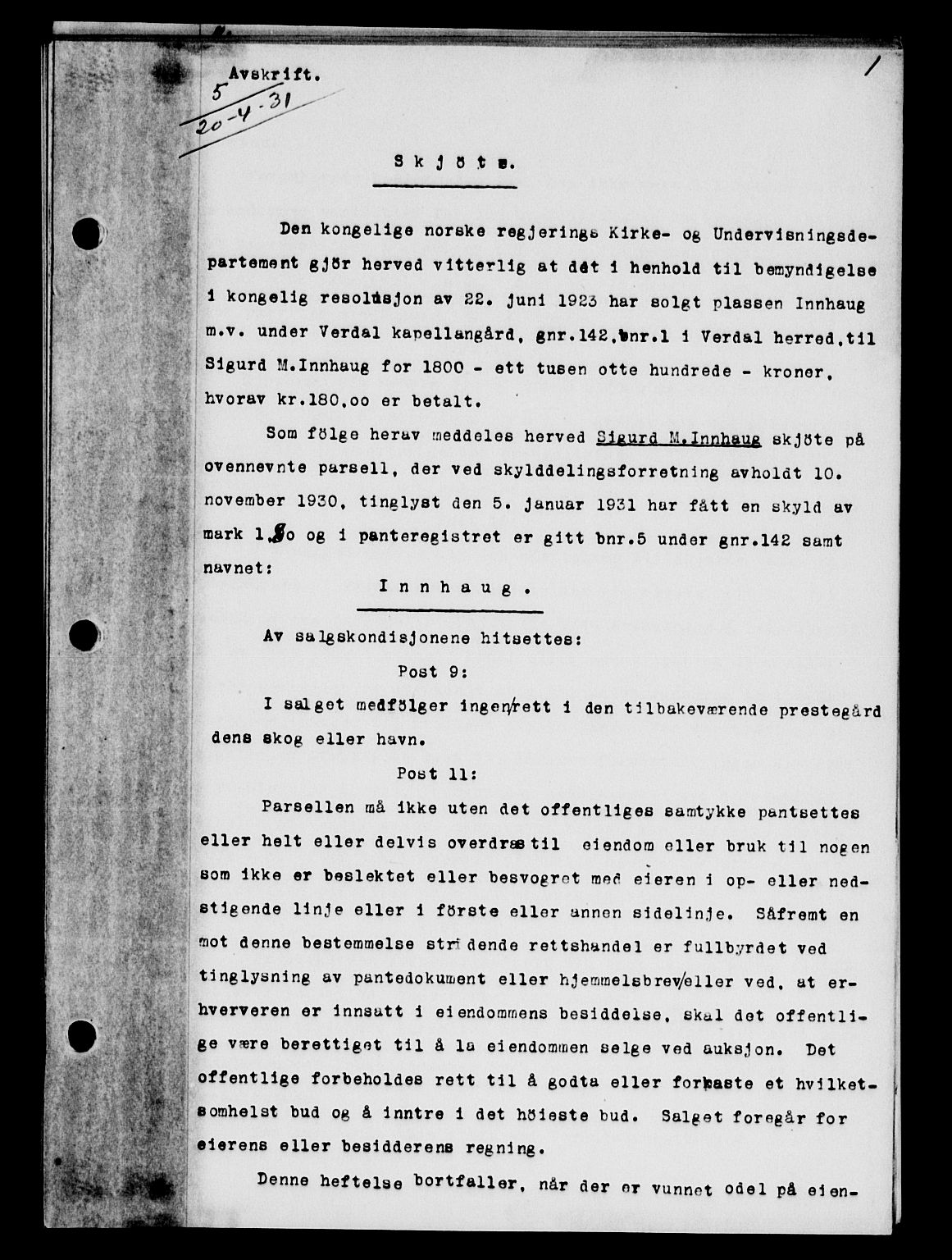 Stjør- og Verdal sorenskriveri, AV/SAT-A-4167/1/2/2C/L0063: Mortgage book no. 31, 1931-1931, Deed date: 20.04.1931