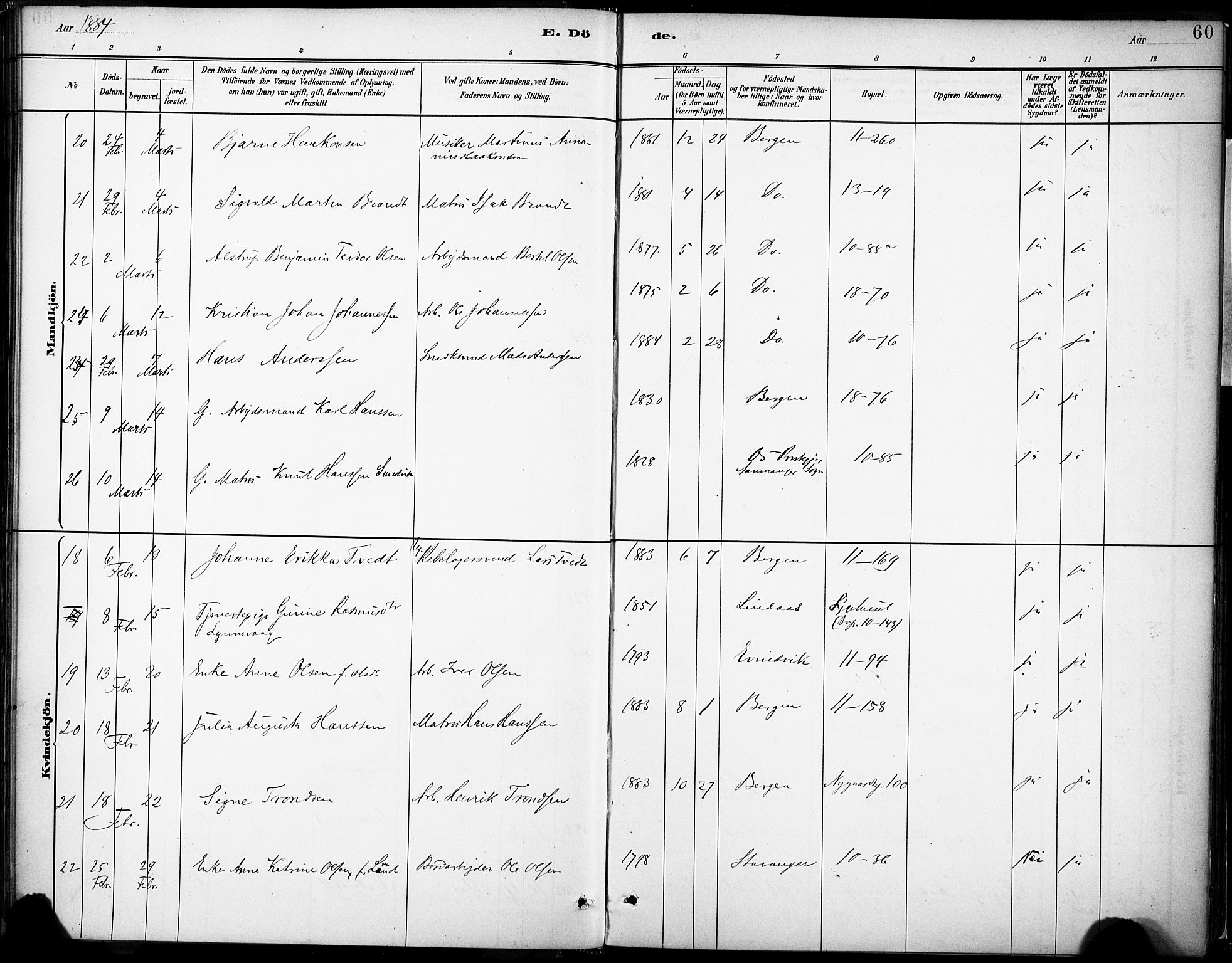 Domkirken sokneprestembete, AV/SAB-A-74801/H/Haa/L0043: Parish register (official) no. E 5, 1882-1904, p. 60