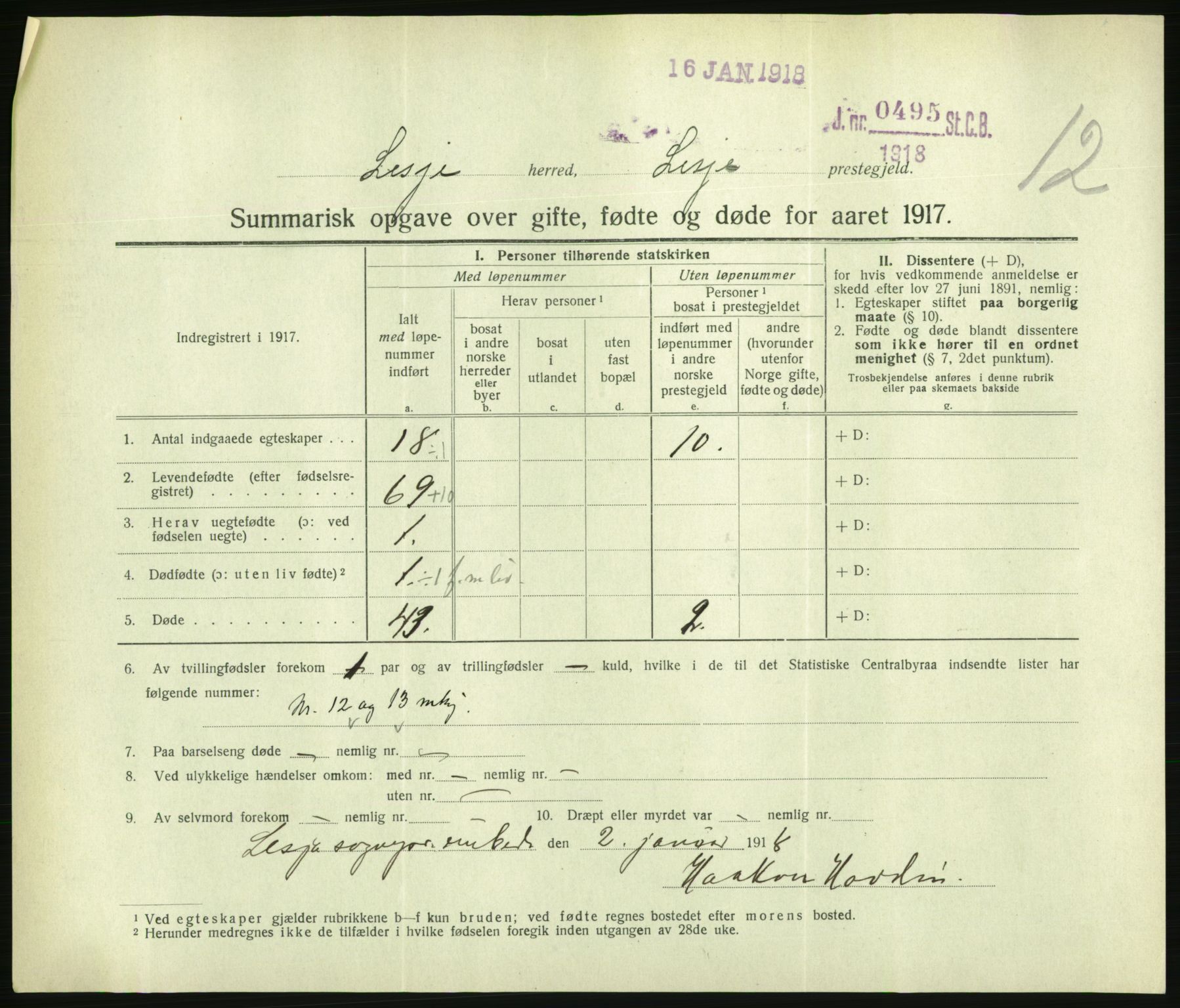 Statistisk sentralbyrå, Sosiodemografiske emner, Befolkning, RA/S-2228/D/Df/Dfb/Dfbg/L0056: Summariske oppgaver over gifte, fødte og døde for hele landet., 1917, p. 301