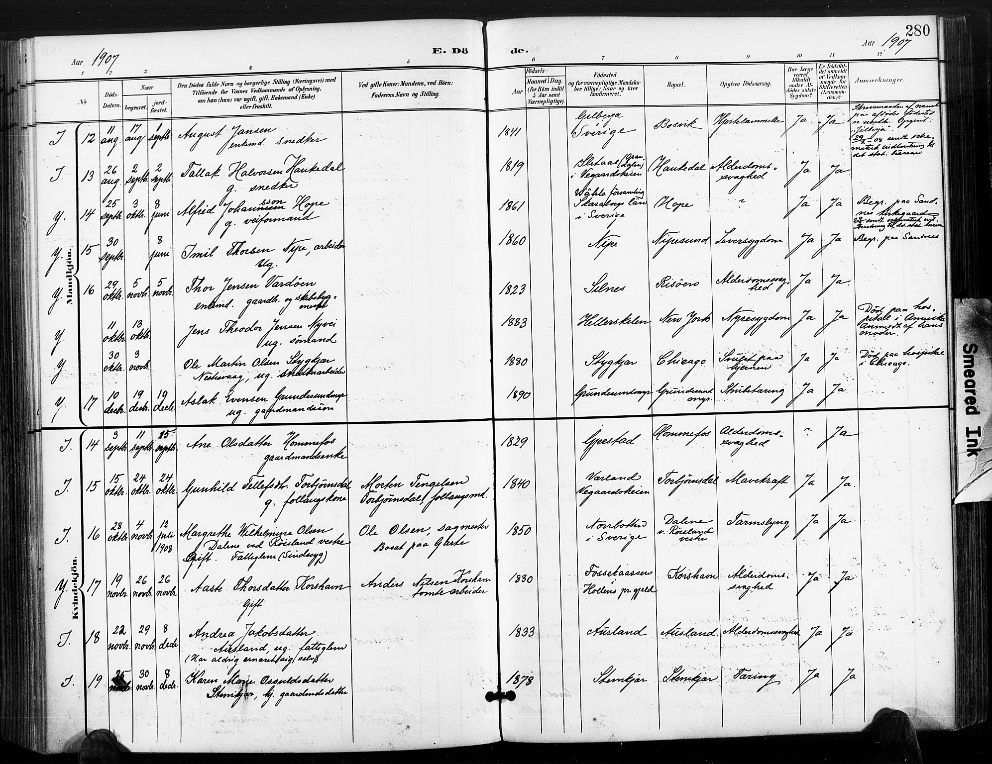 Søndeled sokneprestkontor, AV/SAK-1111-0038/F/Fa/L0006: Parish register (official) no. A 6, 1900-1922, p. 280