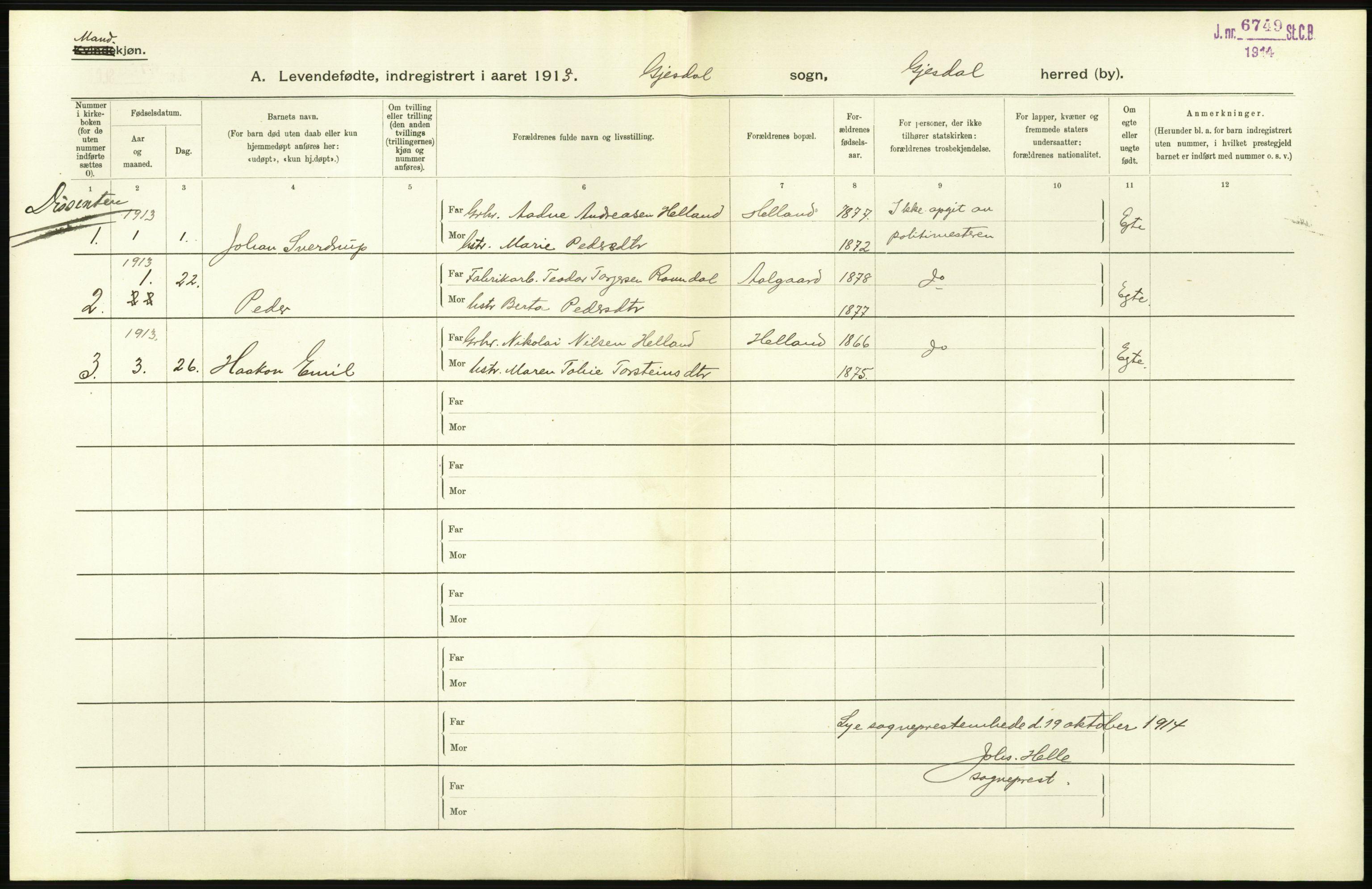 Statistisk sentralbyrå, Sosiodemografiske emner, Befolkning, AV/RA-S-2228/D/Df/Dfb/Dfbc/L0025: Stavanger amt: Levendefødte menn og kvinner. Bygder., 1913, p. 44