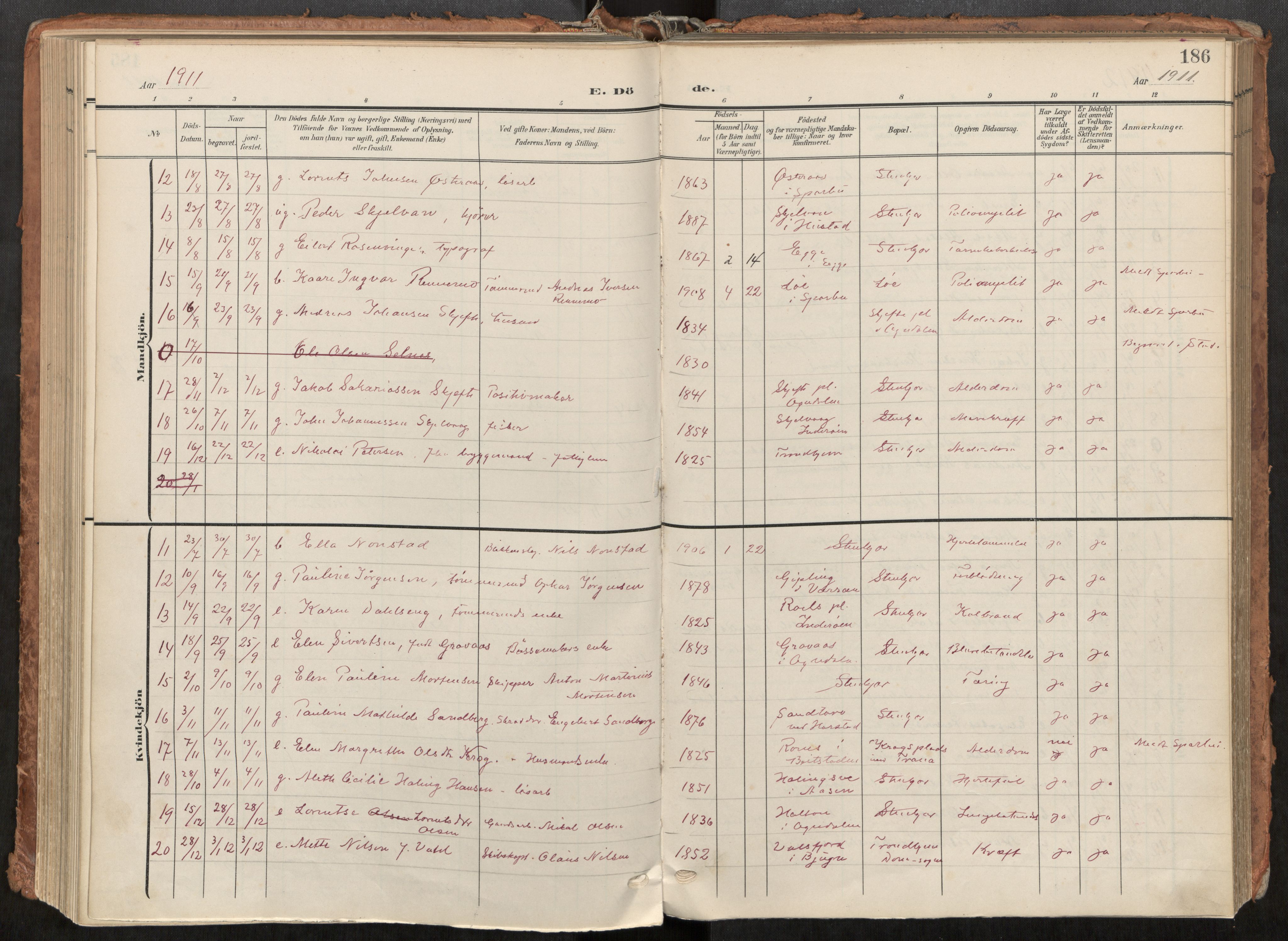 Steinkjer sokneprestkontor, SAT/A-1541/01/H/Ha/Haa/L0001: Parish register (official) no. 1, 1904-1912, p. 186