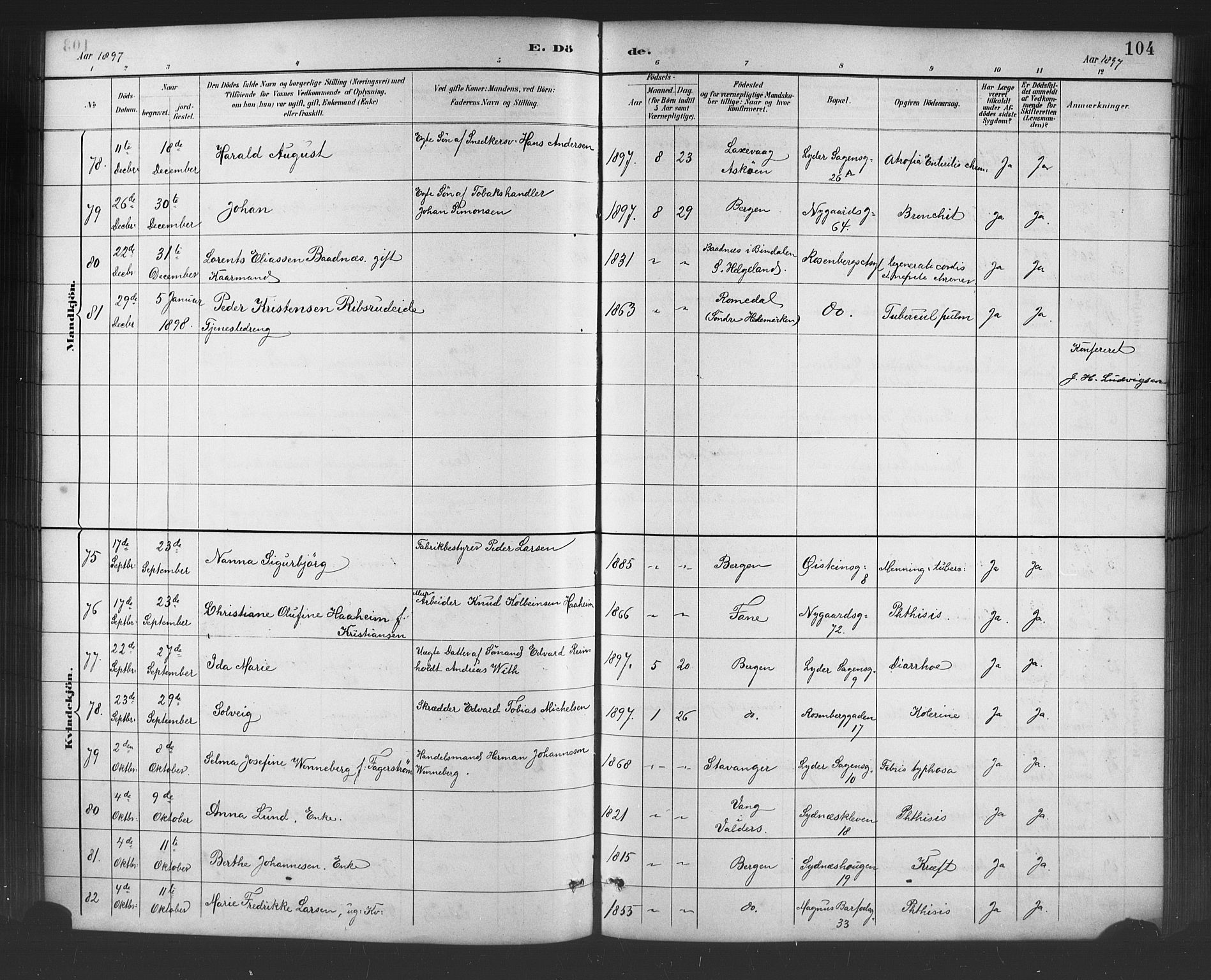 Johanneskirken sokneprestembete, SAB/A-76001/H/Hab: Parish register (copy) no. D 1, 1885-1915, p. 104