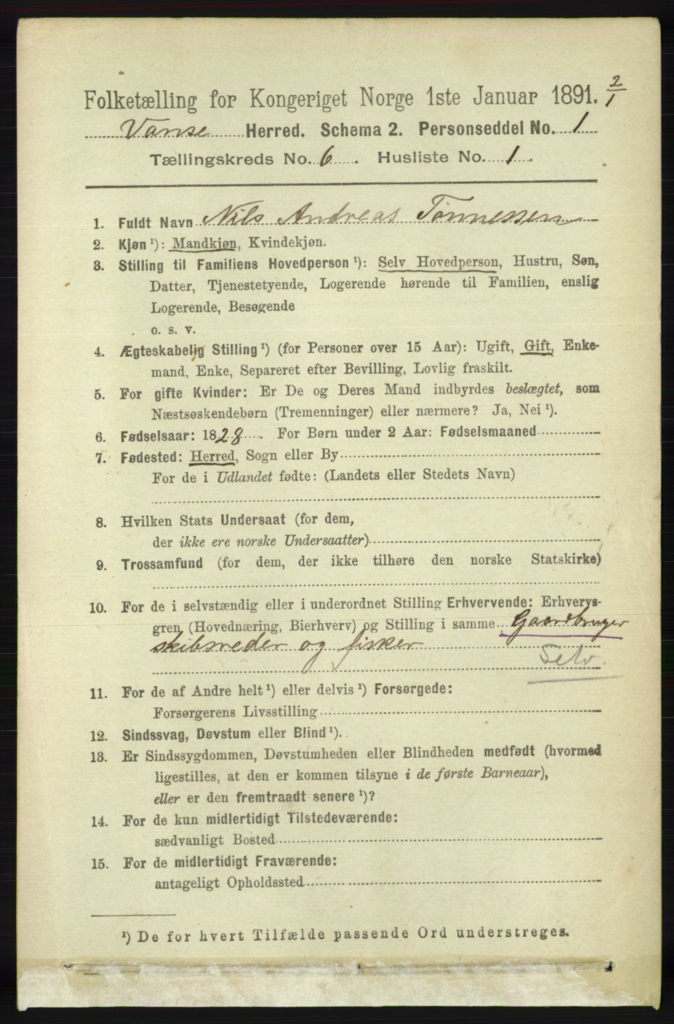 RA, 1891 census for 1041 Vanse, 1891, p. 3495