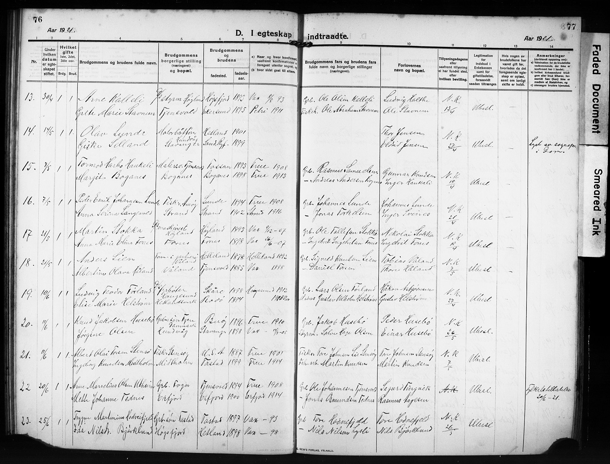 Hetland sokneprestkontor, AV/SAST-A-101826/30/30BB/L0009: Parish register (copy) no. B 9, 1910-1931, p. 76-77