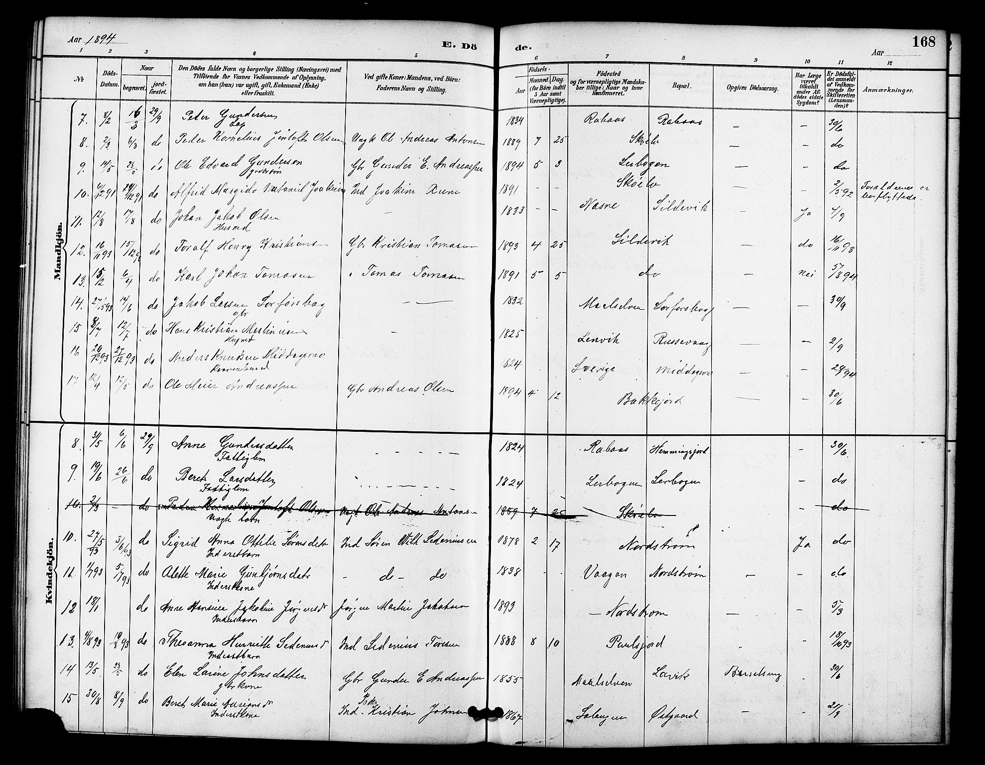 Tranøy sokneprestkontor, AV/SATØ-S-1313/I/Ia/Iab/L0022klokker: Parish register (copy) no. 22, 1887-1912, p. 168