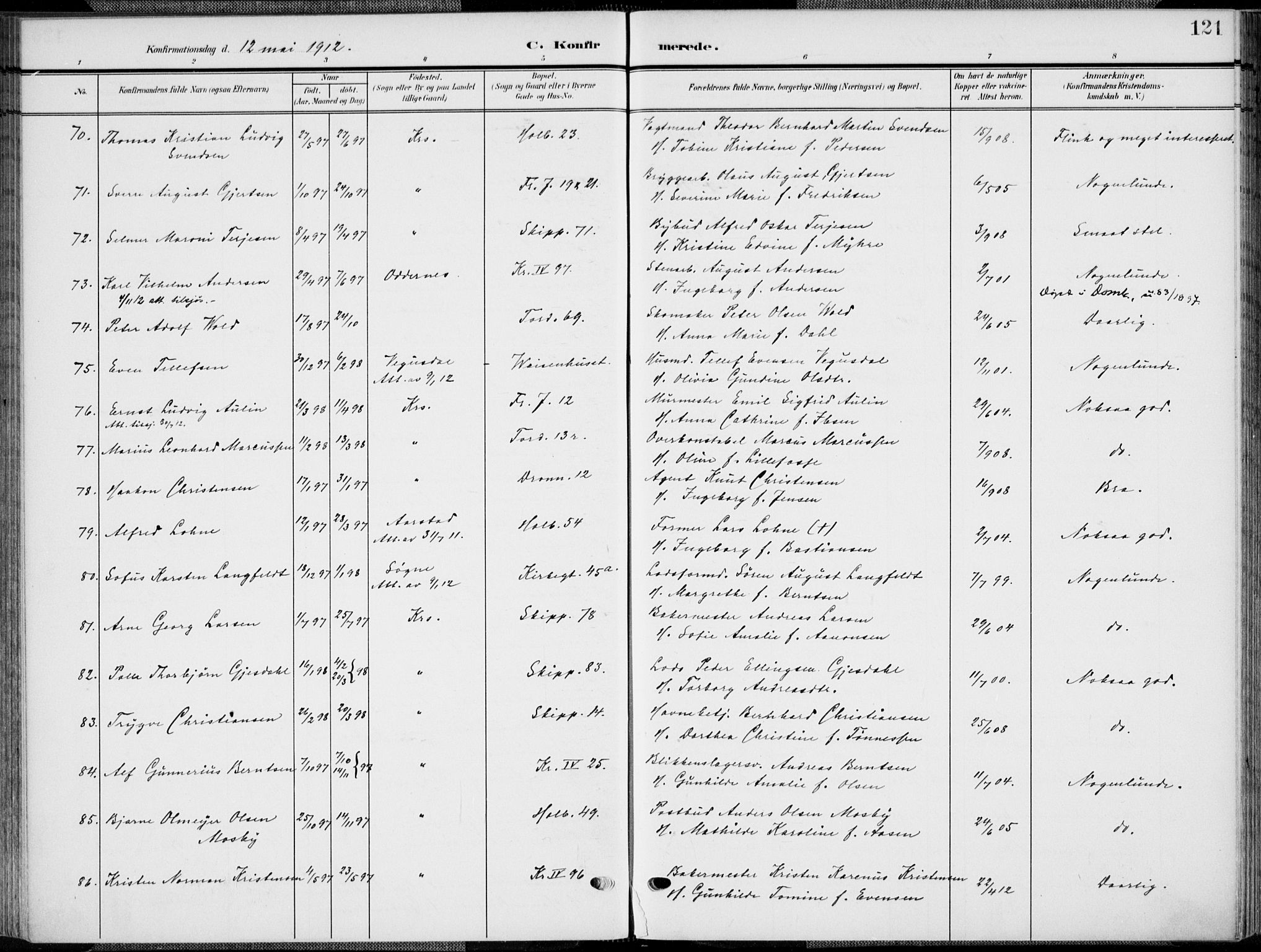 Kristiansand domprosti, AV/SAK-1112-0006/F/Fa/L0022: Parish register (official) no. A 21, 1905-1916, p. 121