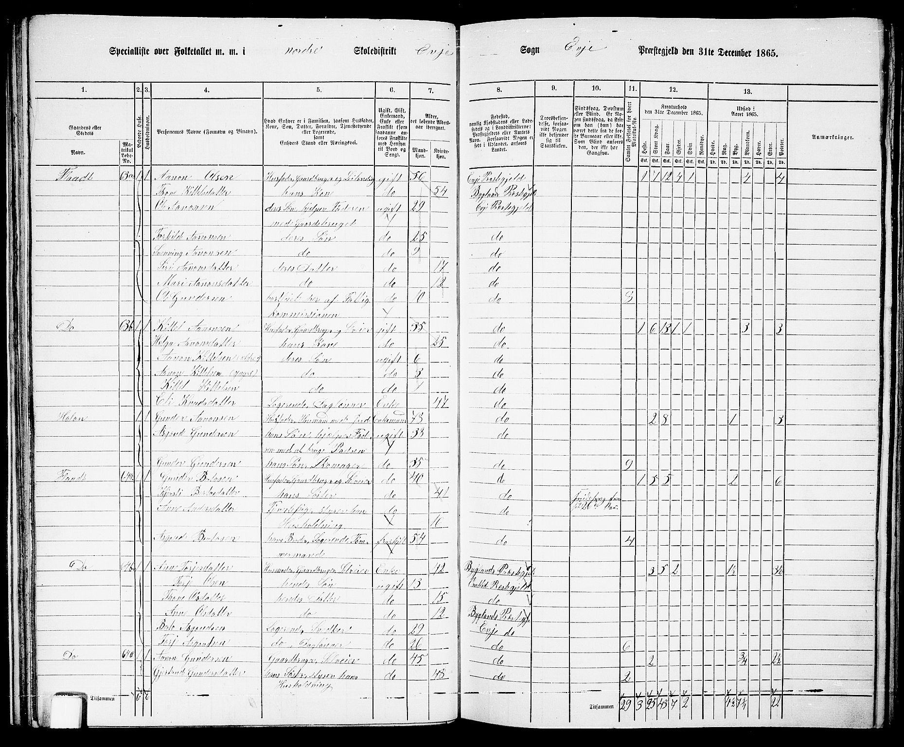 RA, 1865 census for Evje, 1865, p. 34