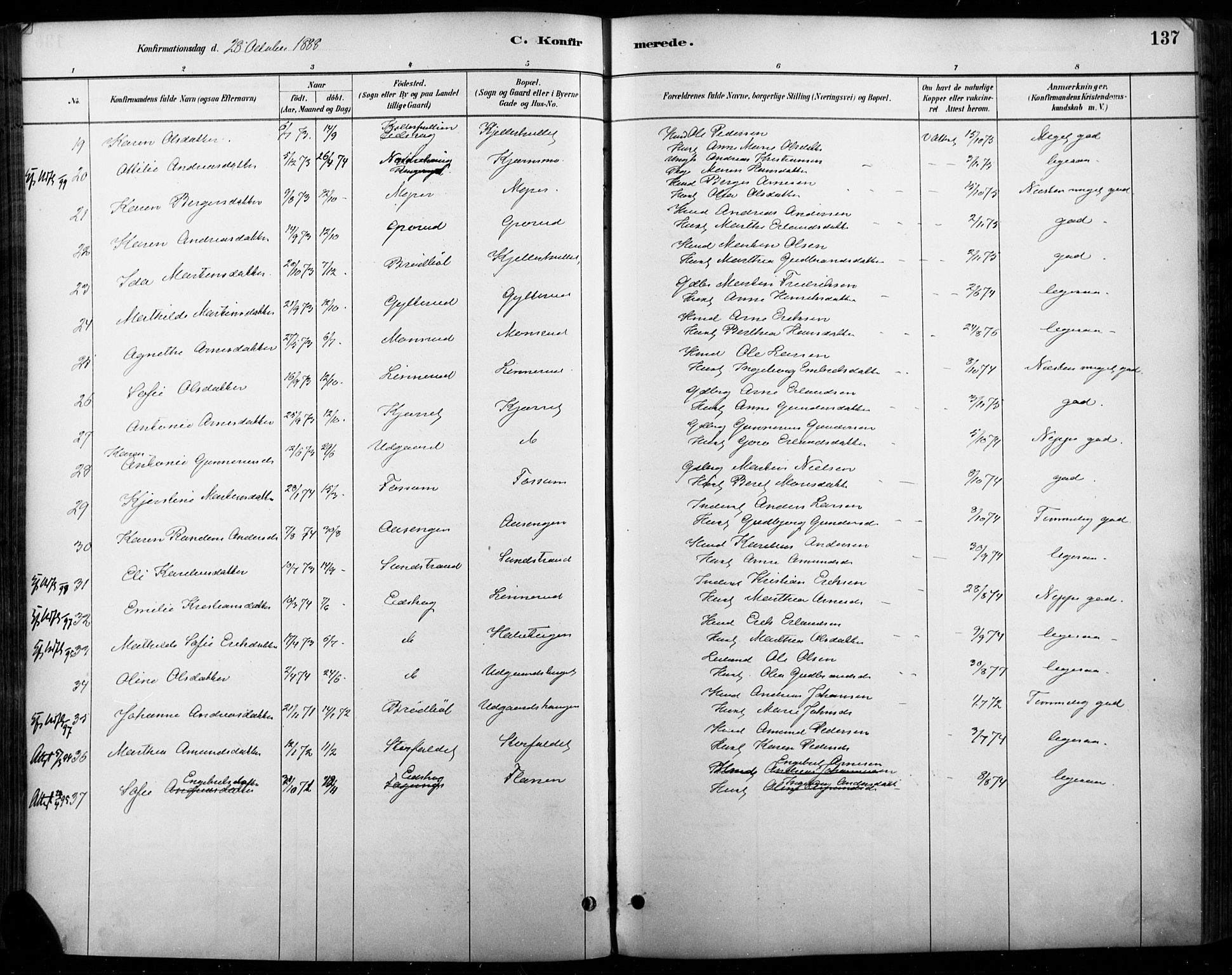 Vinger prestekontor, AV/SAH-PREST-024/H/Ha/Haa/L0015: Parish register (official) no. 15, 1881-1900, p. 137