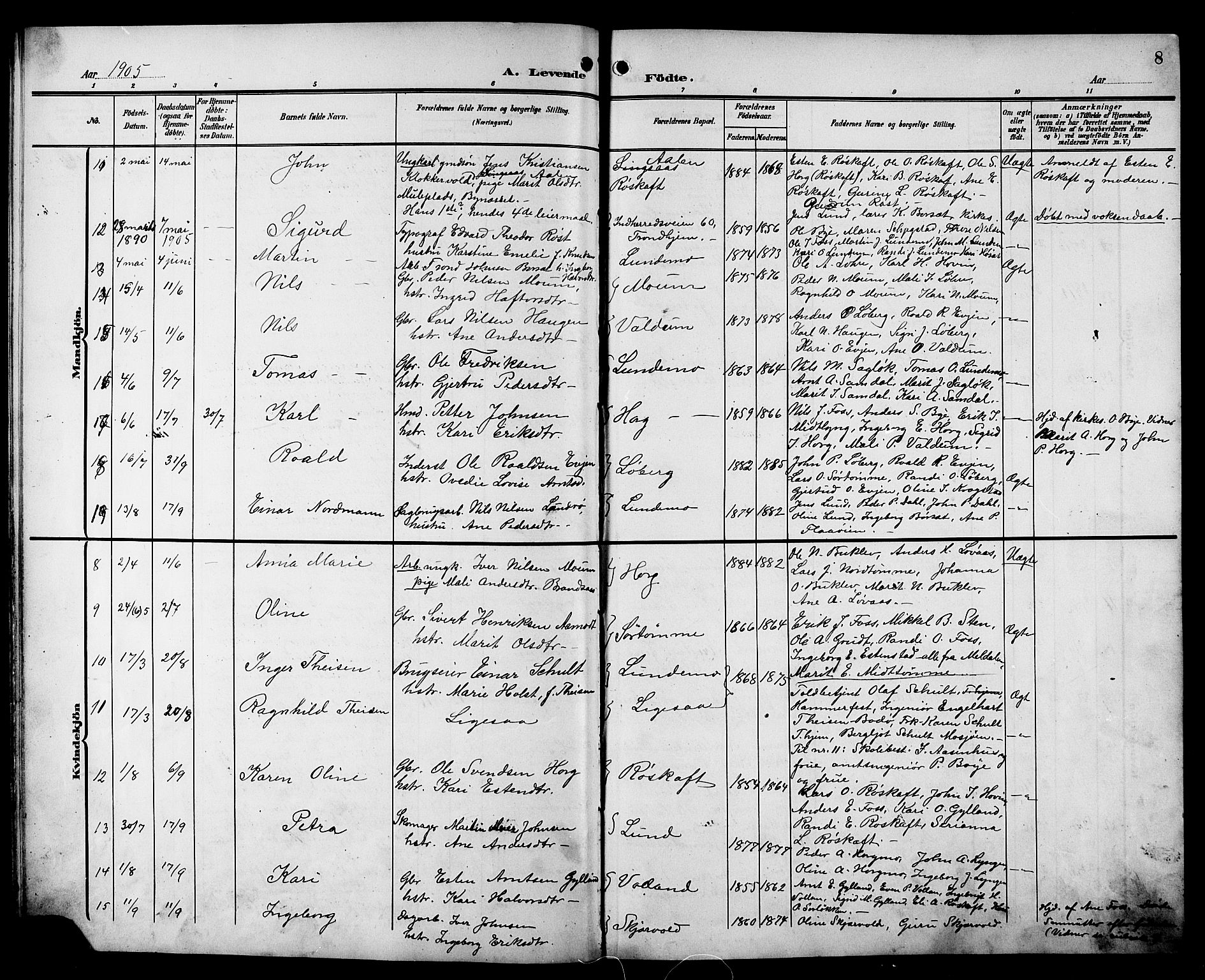 Ministerialprotokoller, klokkerbøker og fødselsregistre - Sør-Trøndelag, SAT/A-1456/692/L1112: Parish register (copy) no. 692C07, 1904-1918, p. 8