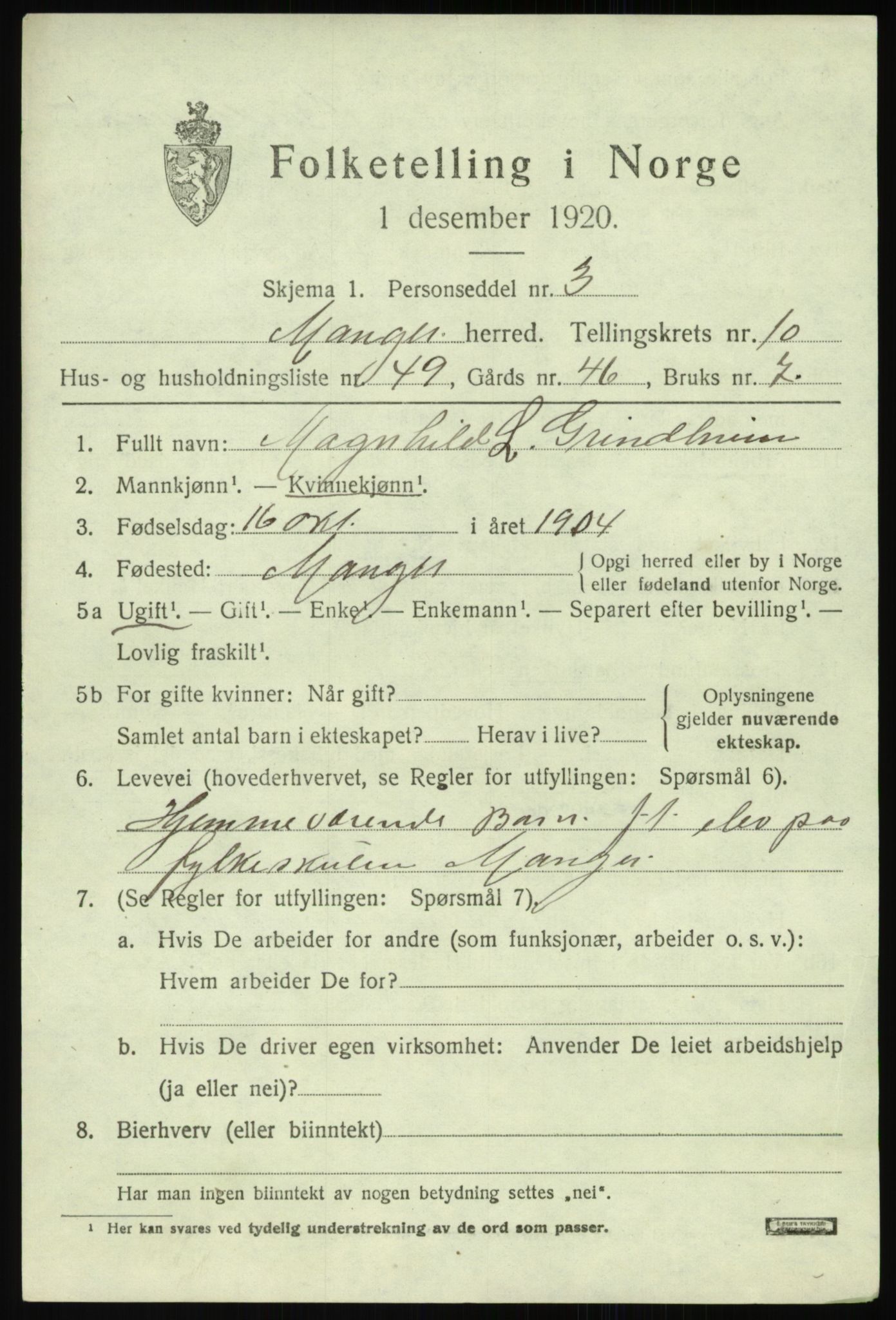 SAB, 1920 census for Manger, 1920, p. 6676