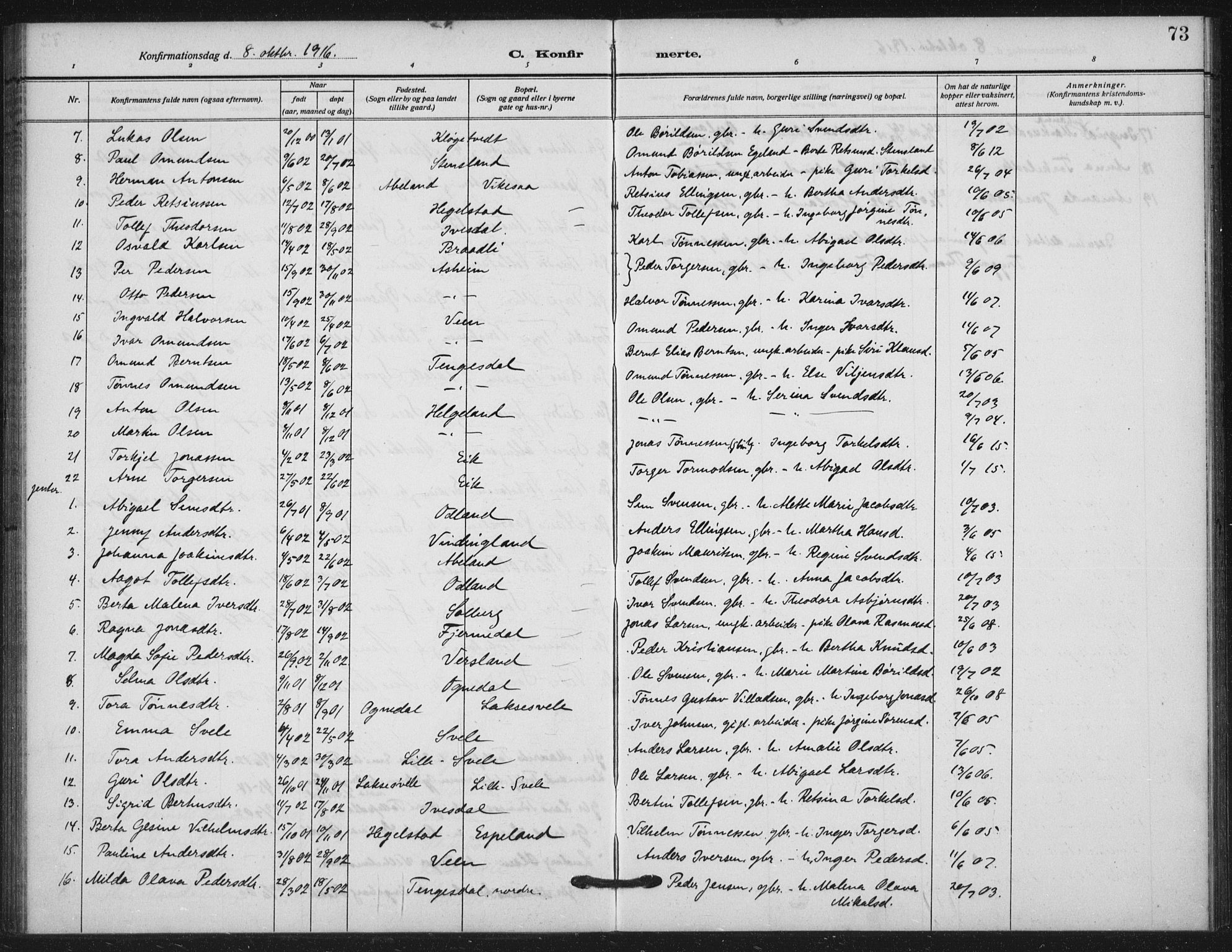 Helleland sokneprestkontor, AV/SAST-A-101810: Parish register (official) no. A 11, 1909-1922, p. 73