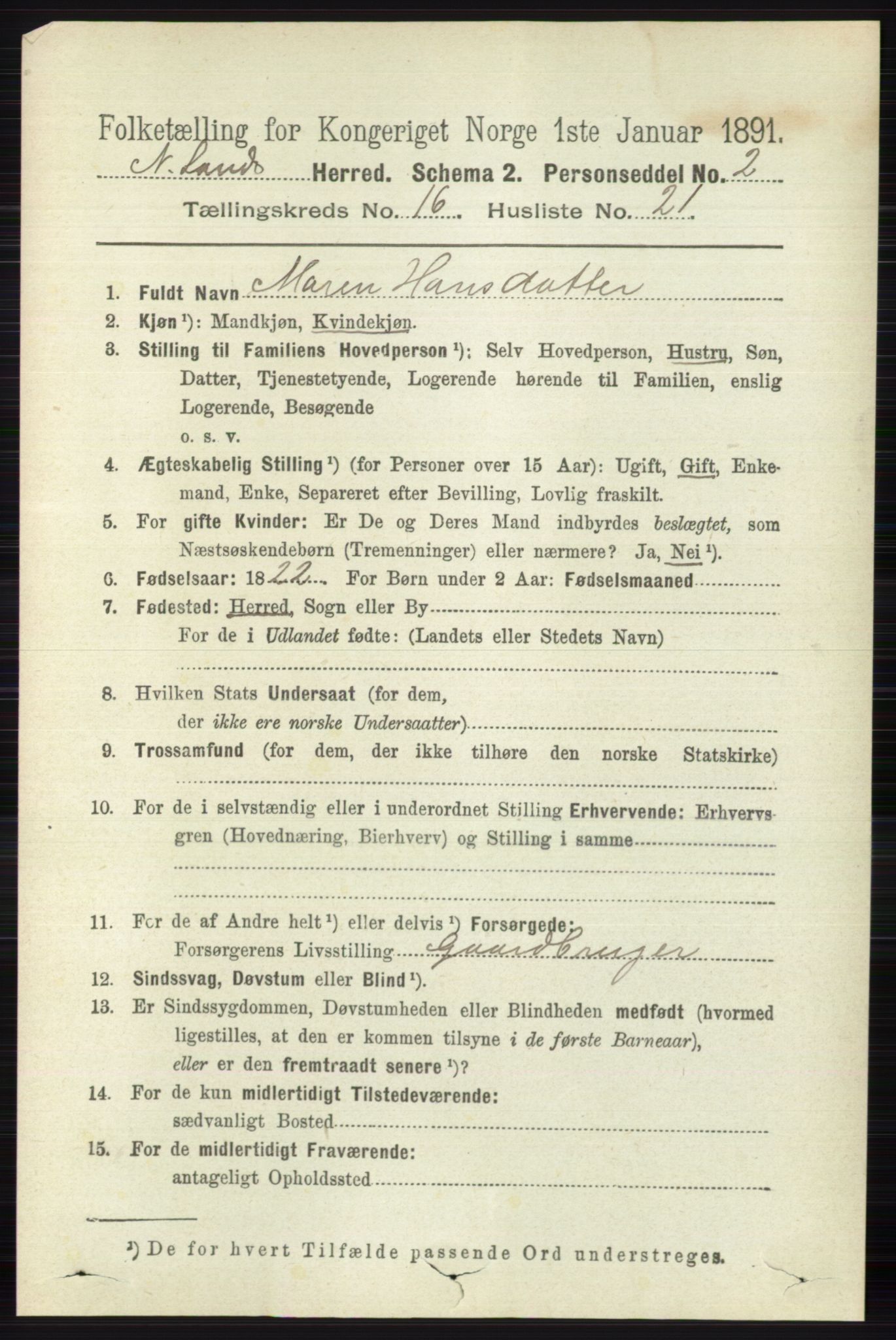 RA, 1891 census for 0538 Nordre Land, 1891, p. 4254