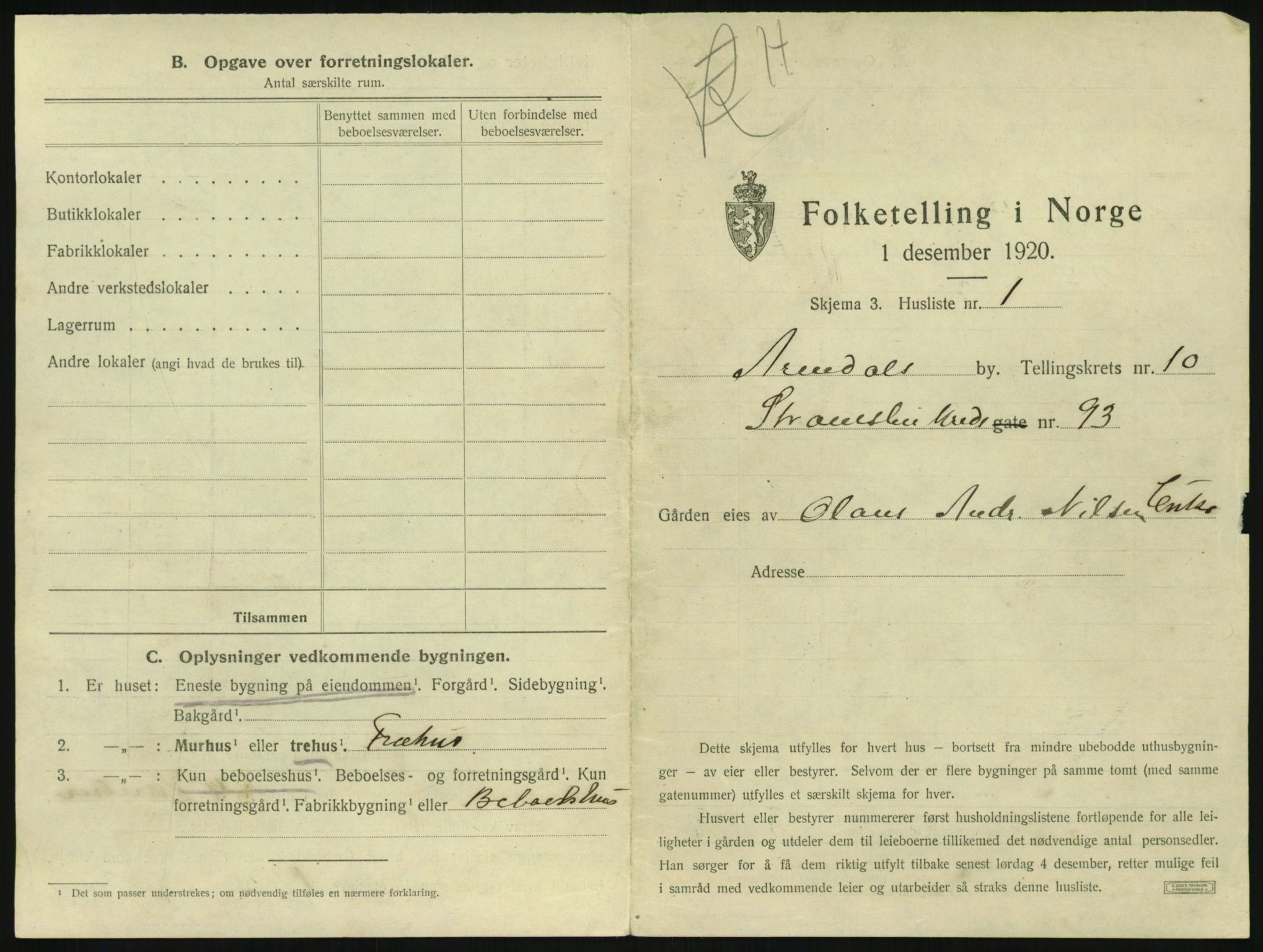 SAK, 1920 census for Arendal, 1920, p. 1288