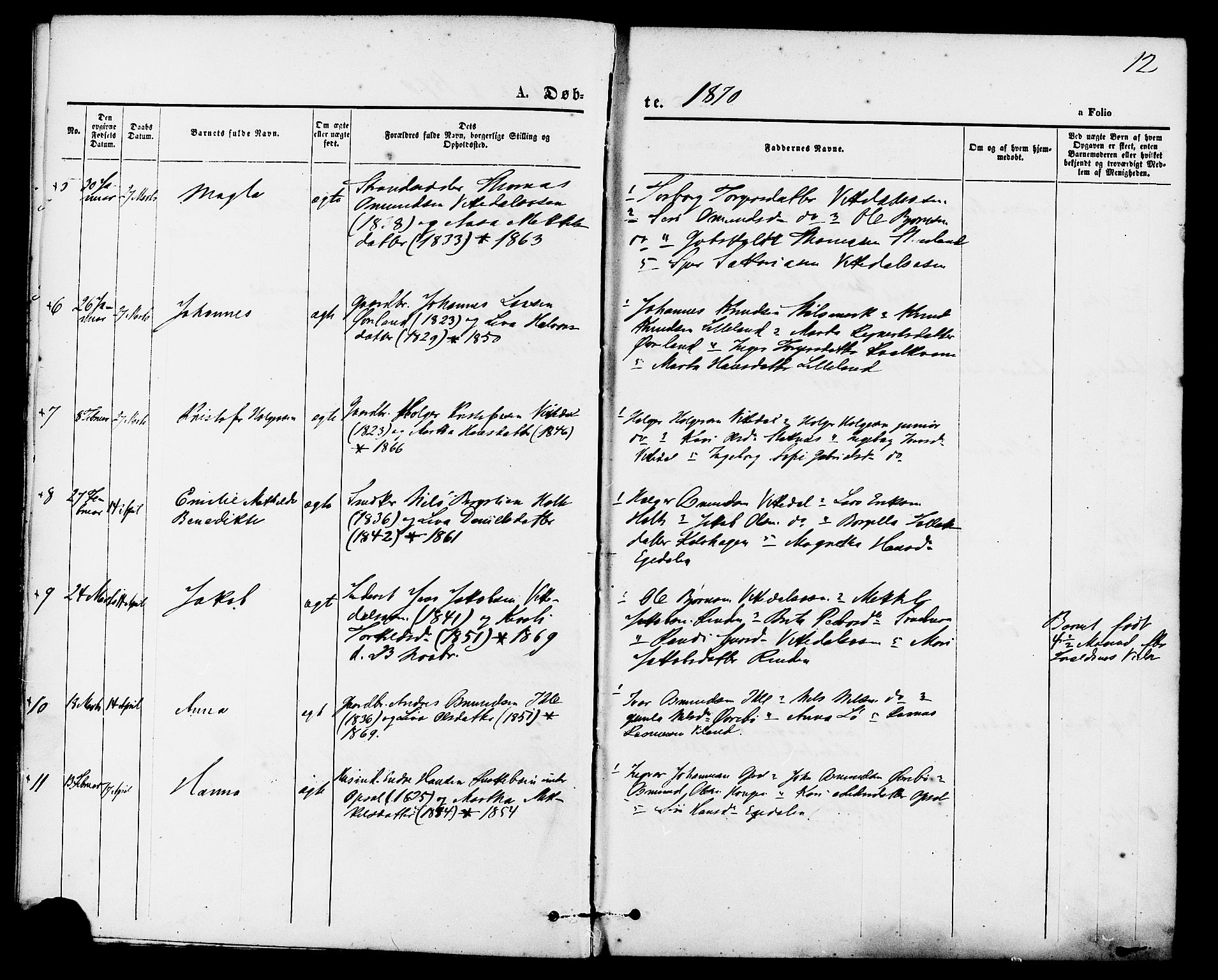 Vikedal sokneprestkontor, AV/SAST-A-101840/01/IV: Parish register (official) no. A 7, 1868-1883, p. 12