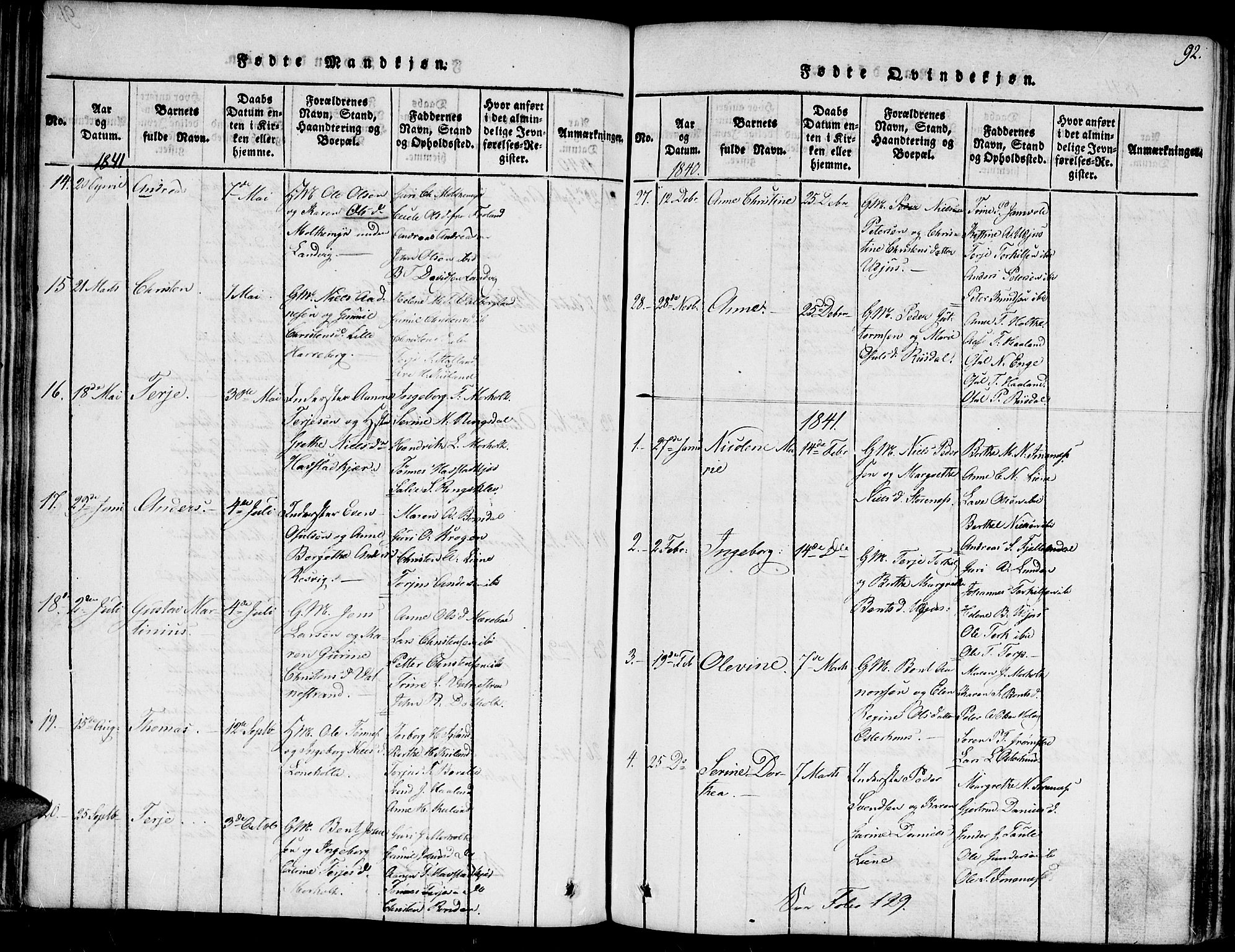 Hommedal sokneprestkontor, AV/SAK-1111-0023/F/Fa/Fab/L0003: Parish register (official) no. A 3, 1815-1848, p. 92