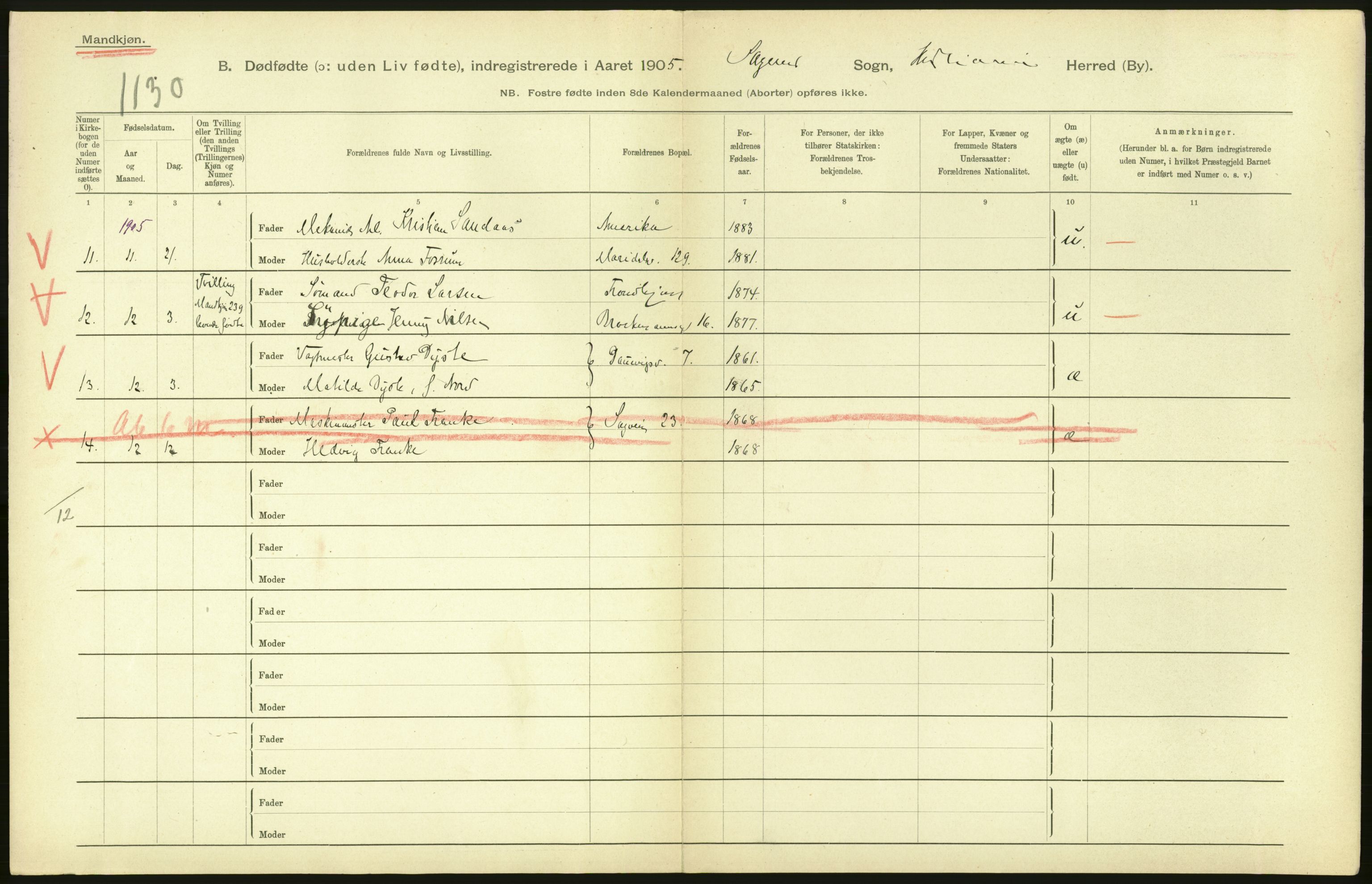 Statistisk sentralbyrå, Sosiodemografiske emner, Befolkning, RA/S-2228/D/Df/Dfa/Dfac/L0007a: Kristiania: Døde, dødfødte., 1905, p. 898