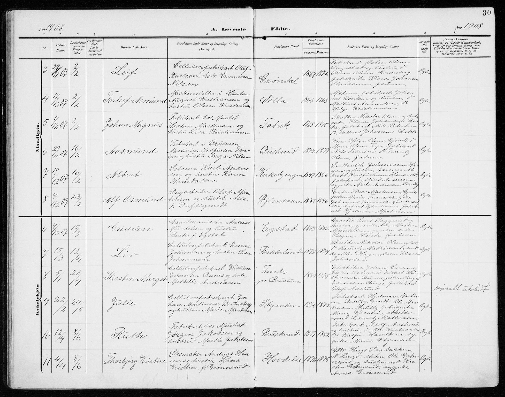 Vardal prestekontor, SAH/PREST-100/H/Ha/Haa/L0016: Parish register (official) no. 16, 1904-1916, p. 30