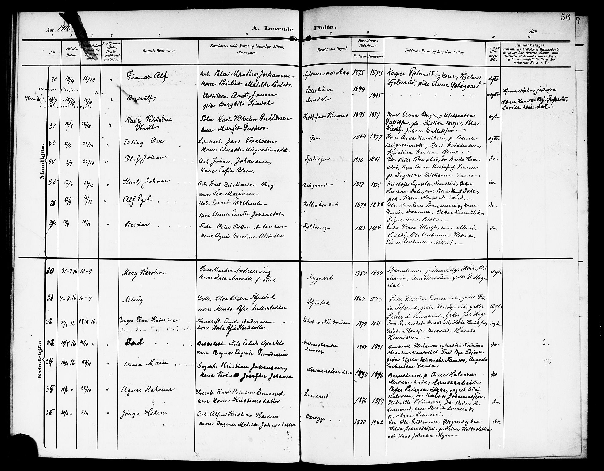 Fet prestekontor Kirkebøker, SAO/A-10370a/G/Ga/L0008: Parish register (copy) no. I 8, 1907-1920, p. 56