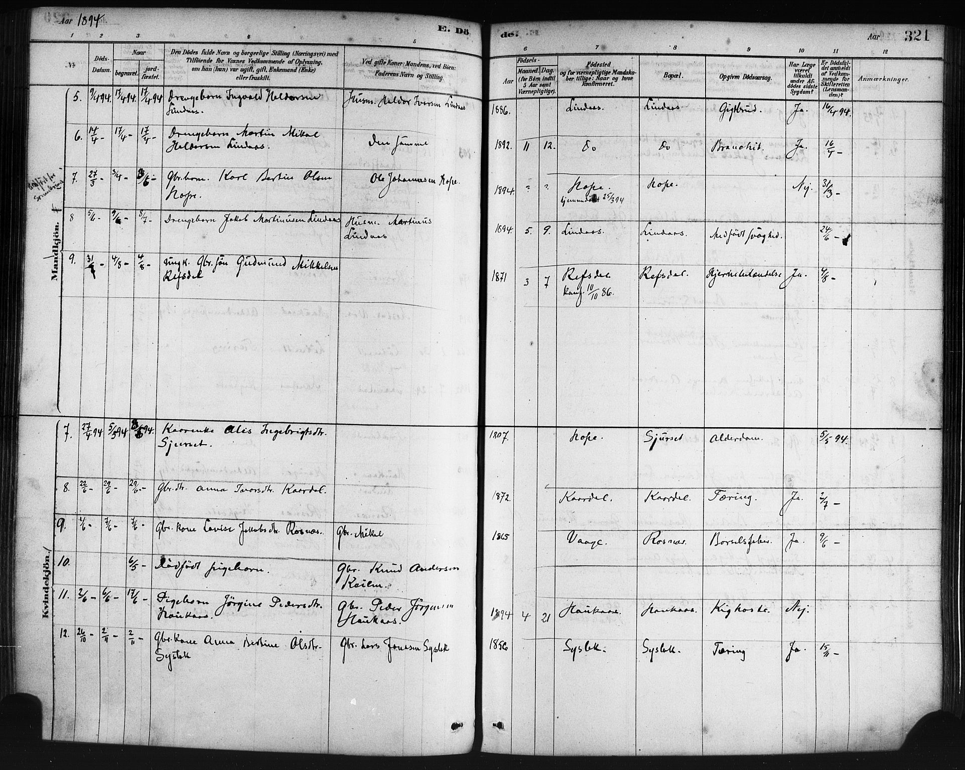 Lindås Sokneprestembete, SAB/A-76701/H/Haa: Parish register (official) no. A 19, 1878-1912, p. 321