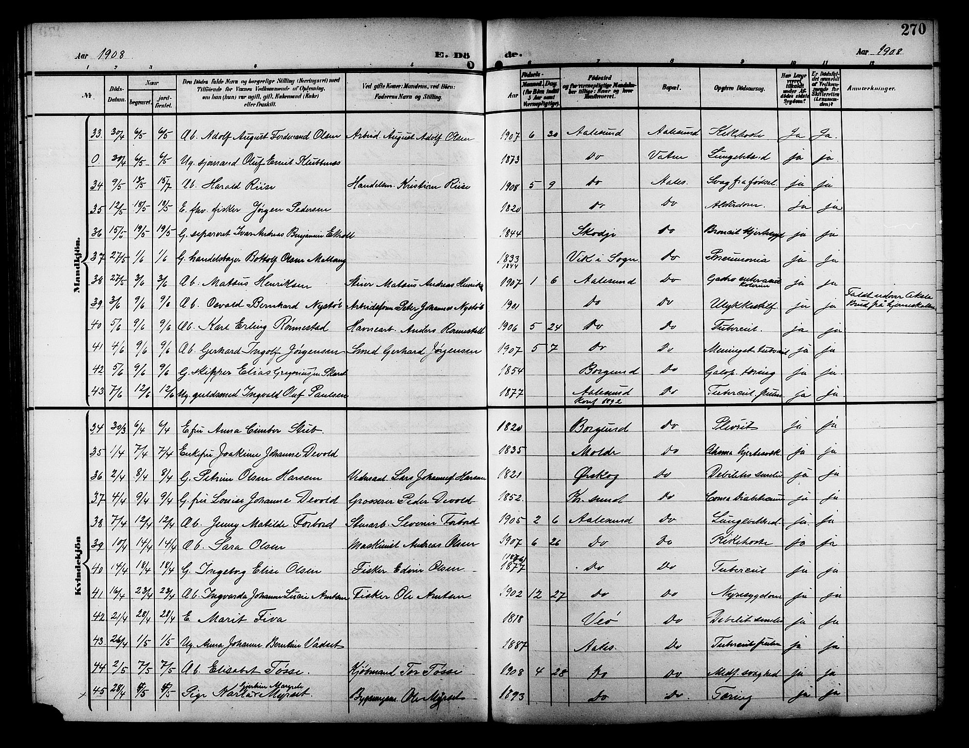 Ministerialprotokoller, klokkerbøker og fødselsregistre - Møre og Romsdal, AV/SAT-A-1454/529/L0470: Parish register (copy) no. 529C07, 1907-1917, p. 270