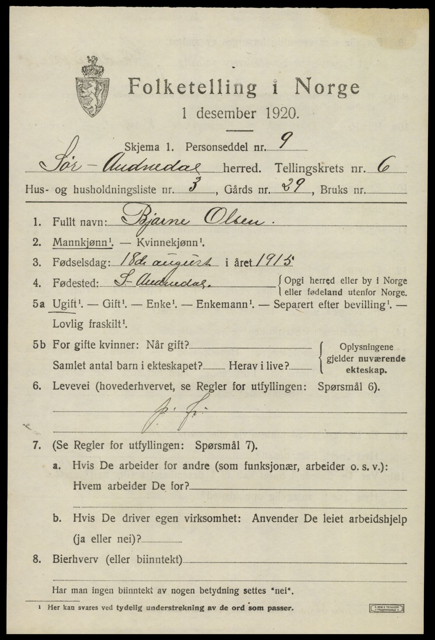 SAK, 1920 census for Sør-Audnedal, 1920, p. 2725