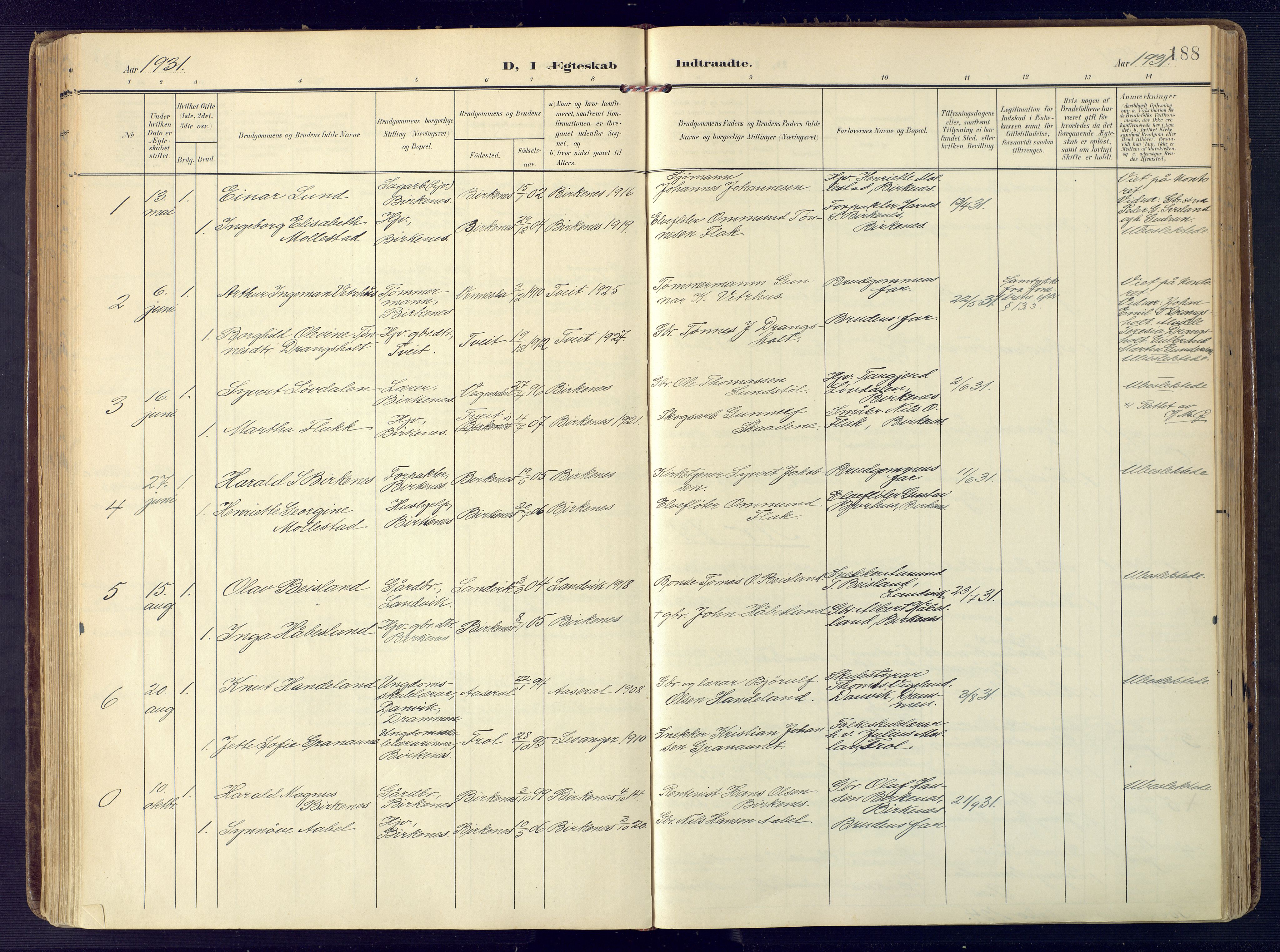 Birkenes sokneprestkontor, SAK/1111-0004/F/Fa/L0006: Parish register (official) no. A 6, 1908-1932, p. 188