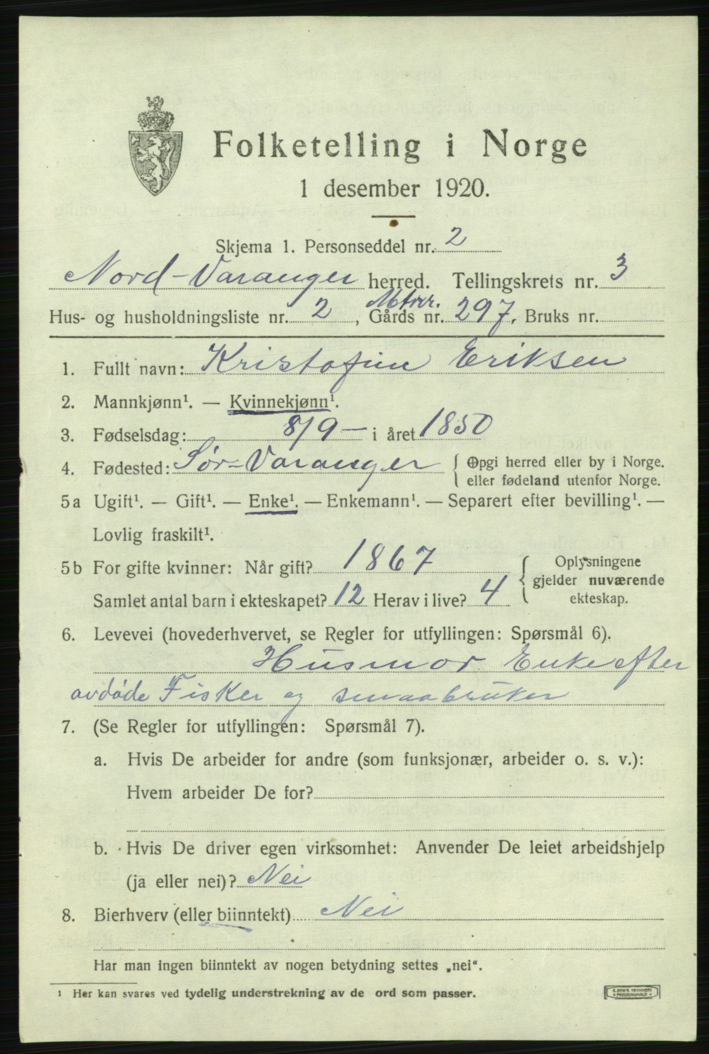 SATØ, 1920 census for Nord-Varanger, 1920, p. 1233