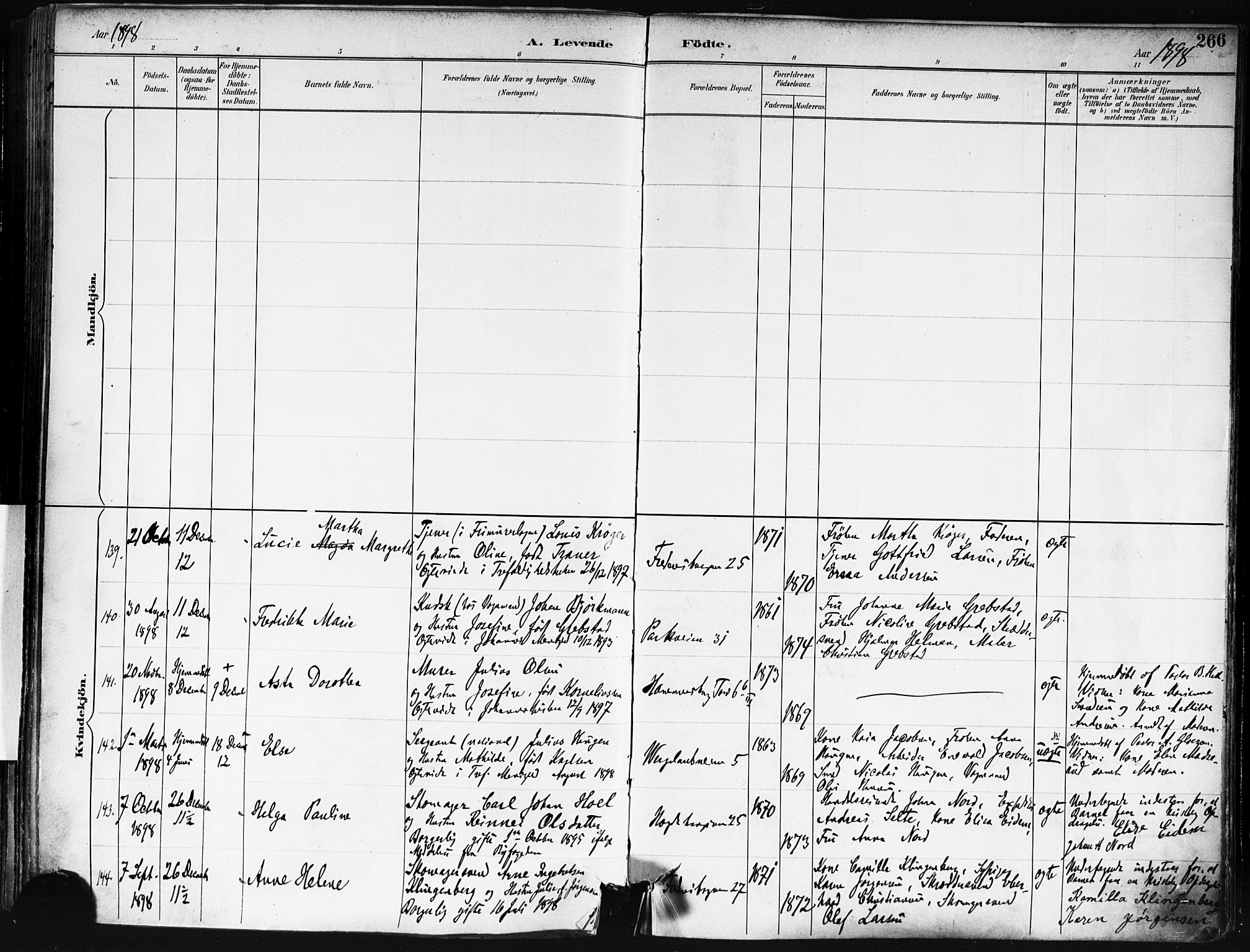 Trefoldighet prestekontor Kirkebøker, AV/SAO-A-10882/F/Fa/L0006: Parish register (official) no. I 6, 1891-1899, p. 266