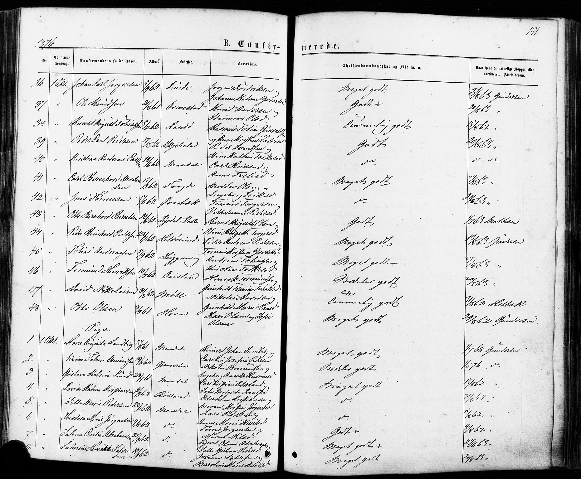 Mandal sokneprestkontor, SAK/1111-0030/F/Fa/Faa/L0015: Parish register (official) no. A 15, 1873-1879, p. 151