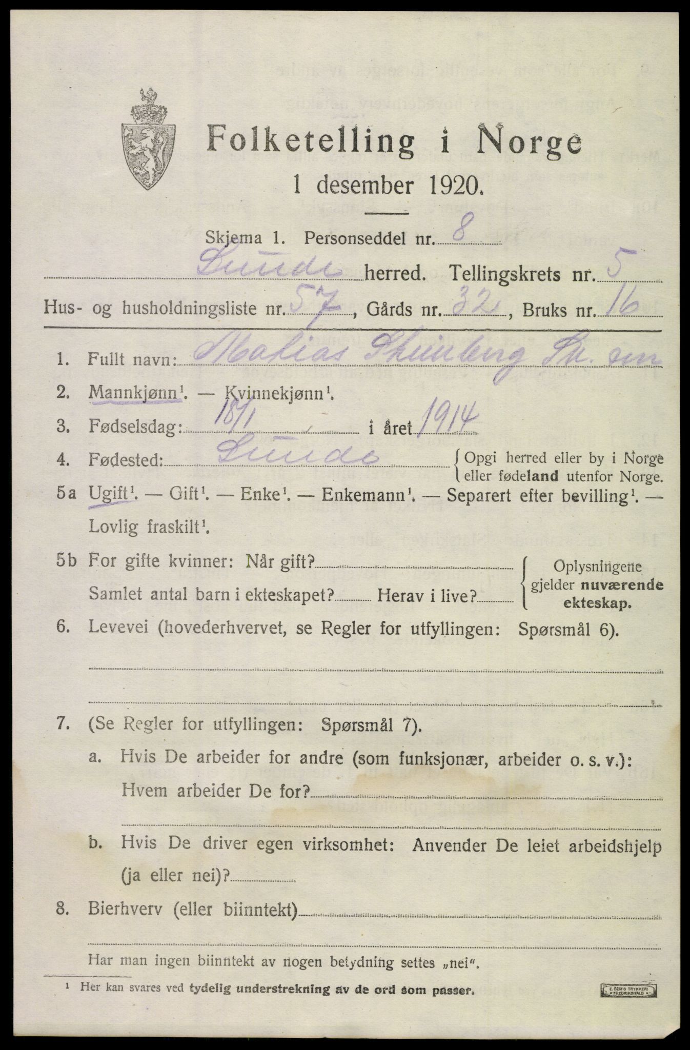 SAKO, 1920 census for Lunde, 1920, p. 4191