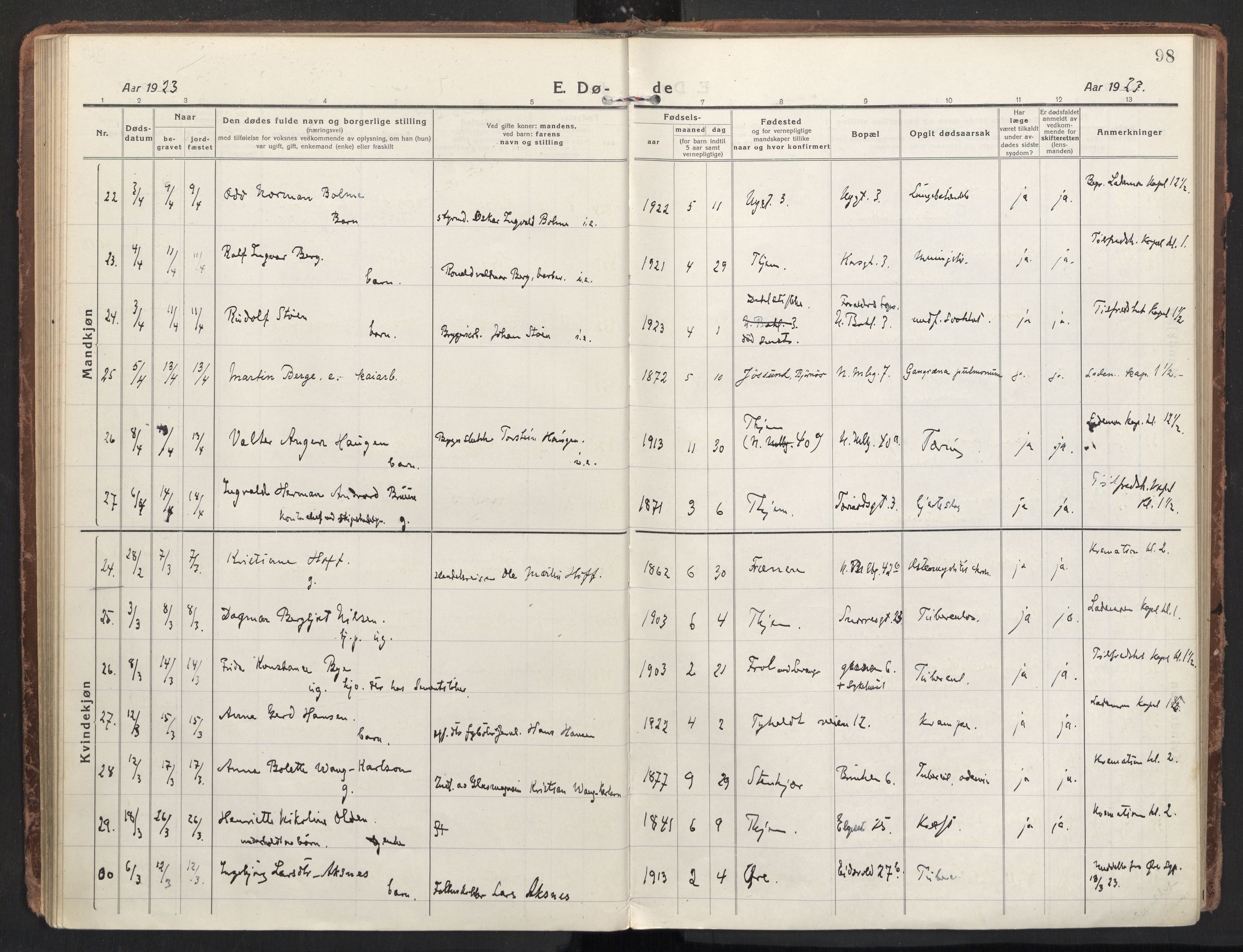 Ministerialprotokoller, klokkerbøker og fødselsregistre - Sør-Trøndelag, AV/SAT-A-1456/604/L0207: Parish register (official) no. 604A27, 1917-1933, p. 98