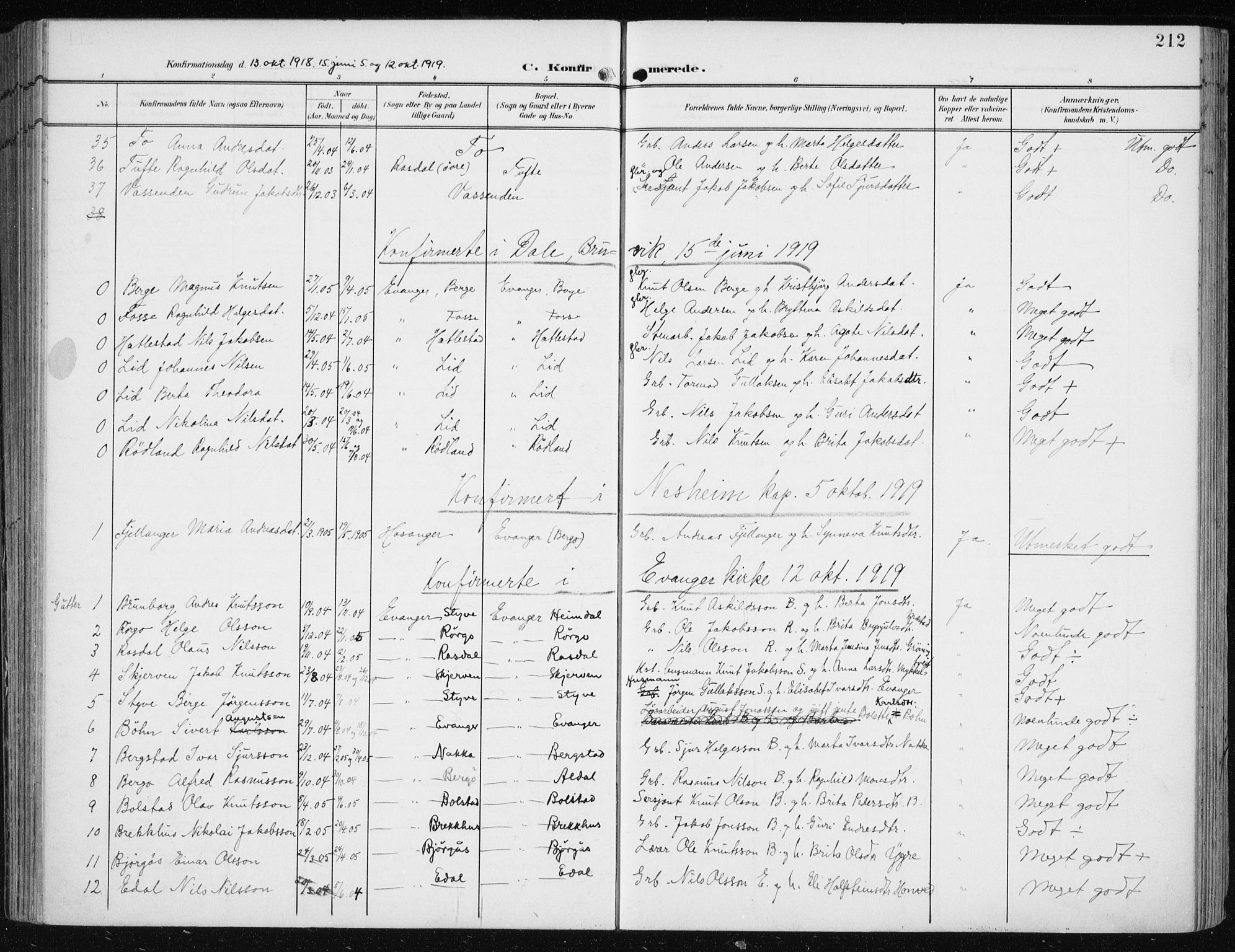 Evanger sokneprestembete, SAB/A-99924: Parish register (official) no. A  3, 1900-1930, p. 212