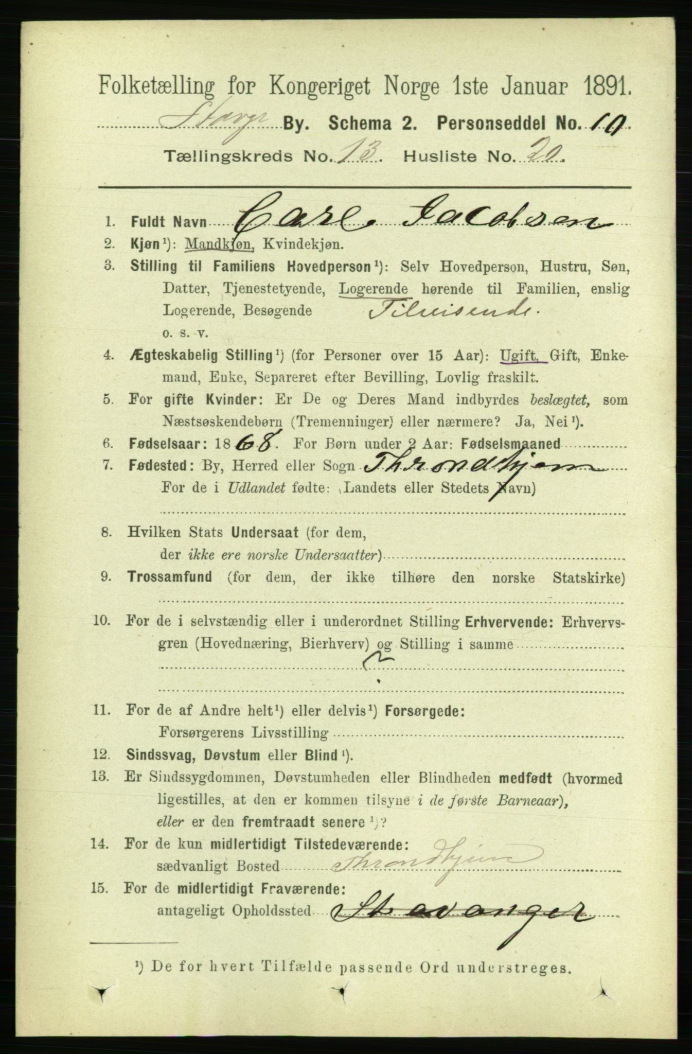 RA, 1891 census for 1103 Stavanger, 1891, p. 16162
