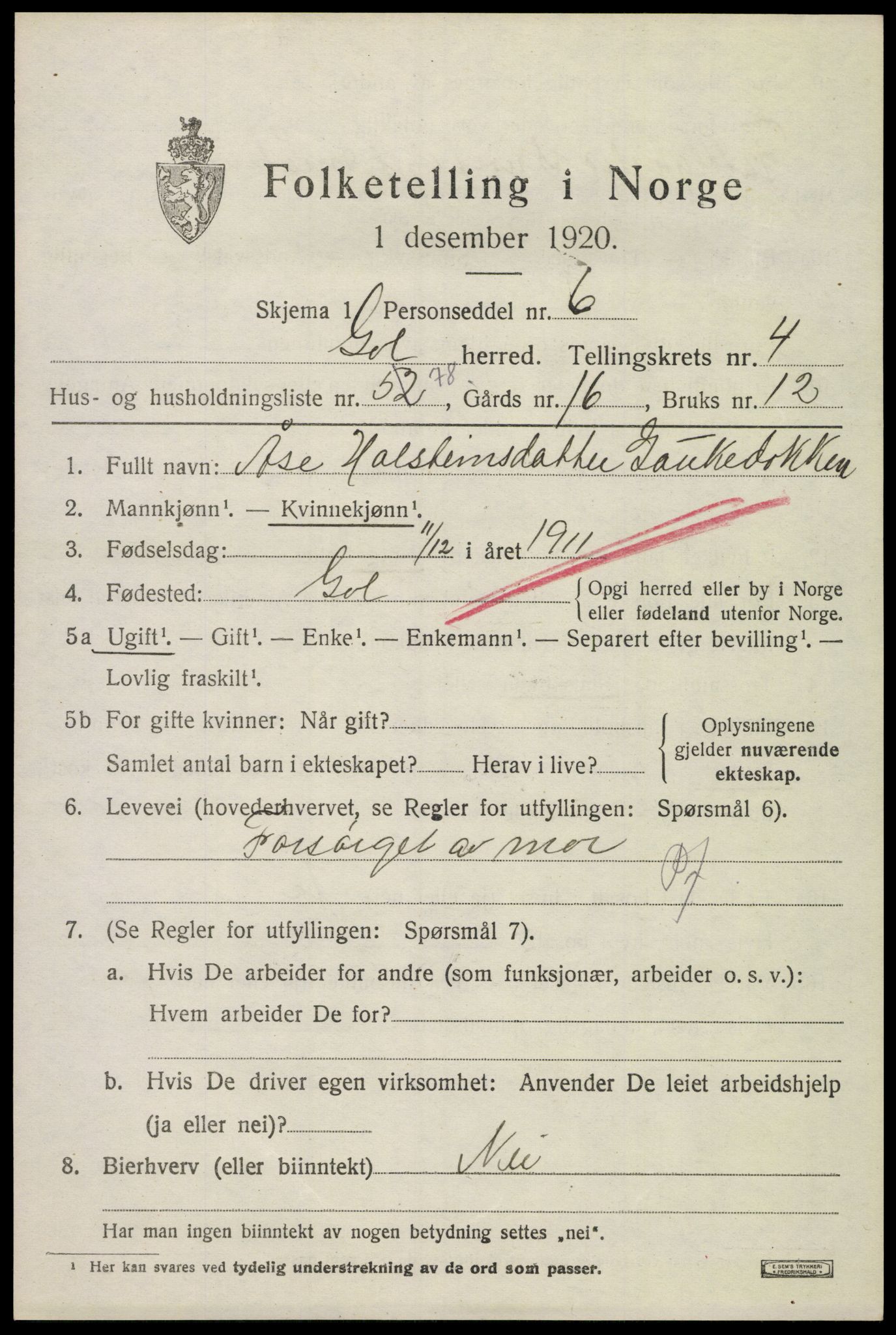 SAKO, 1920 census for Gol, 1920, p. 3528