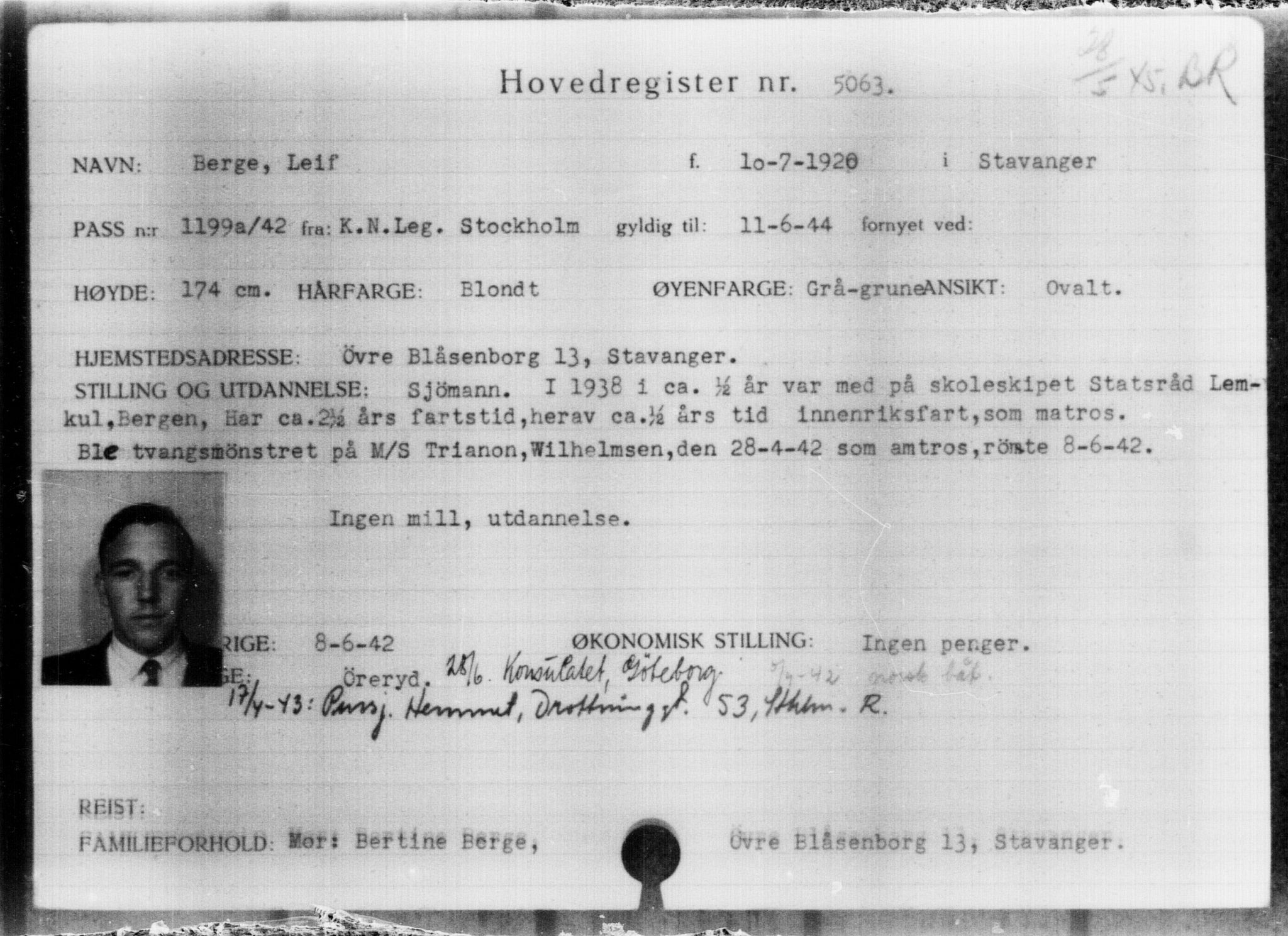 Utenriksstasjonene, Legasjonen i Stockholm, Flyktningkontoret, AV/RA-S-6753/V/Va/L0004: Kjesäterkartoteket, flyktninger med registreringsnr. 3496-6610, 1940-1945, p. 1853