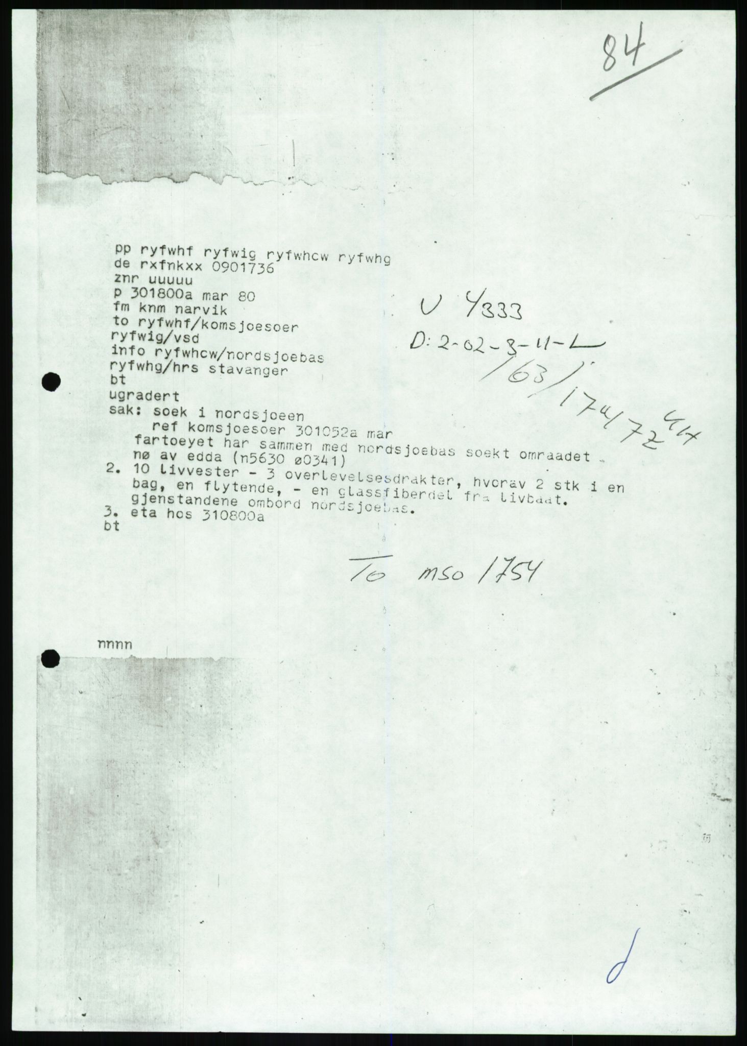 Justisdepartementet, Granskningskommisjonen ved Alexander Kielland-ulykken 27.3.1980, AV/RA-S-1165/D/L0017: P Hjelpefartøy (Doku.liste + P1-P6 av 6)/Q Hovedredningssentralen (Q0-Q27 av 27), 1980-1981, p. 234