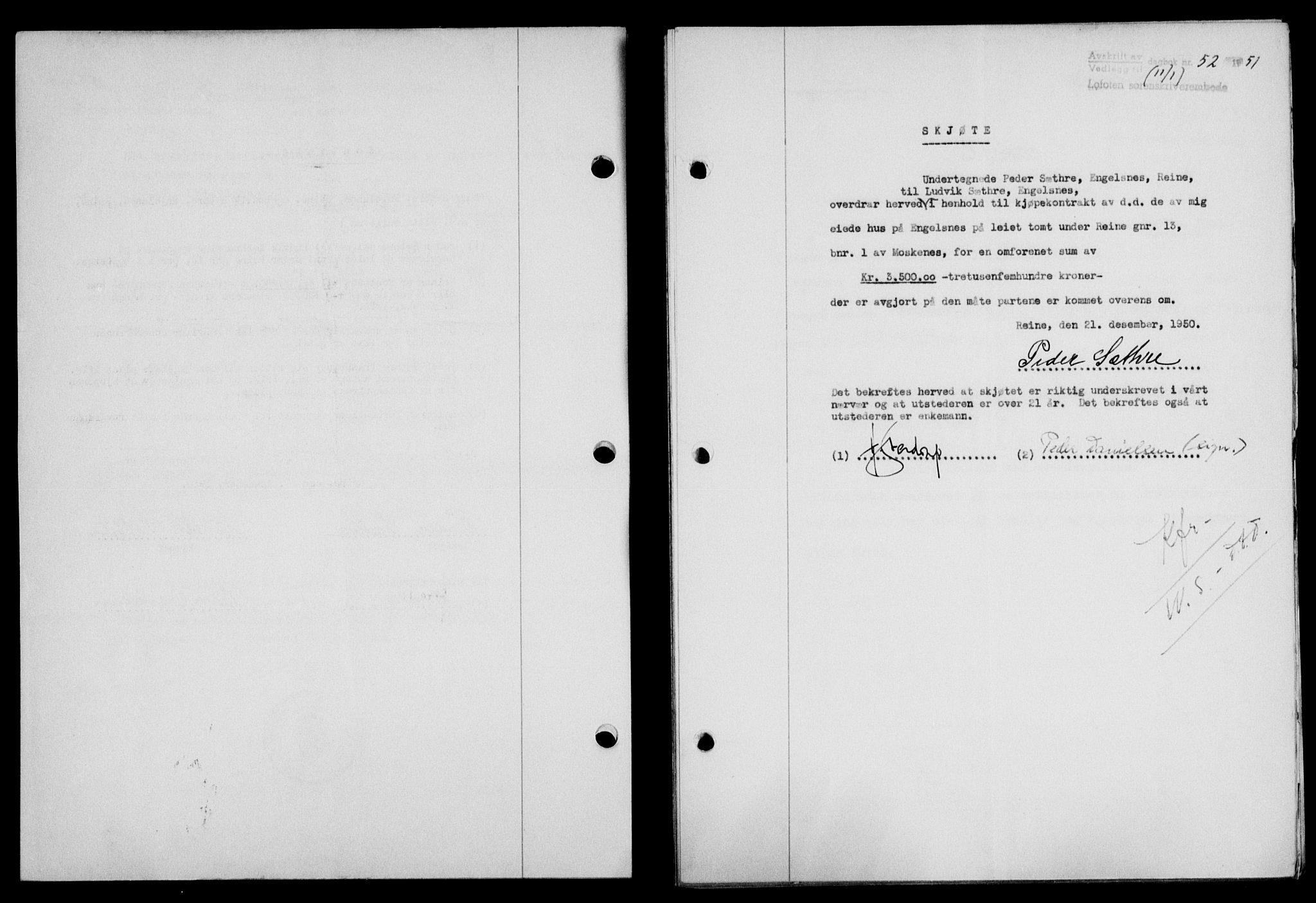 Lofoten sorenskriveri, SAT/A-0017/1/2/2C/L0025a: Mortgage book no. 25a, 1950-1951, Diary no: : 52/1951