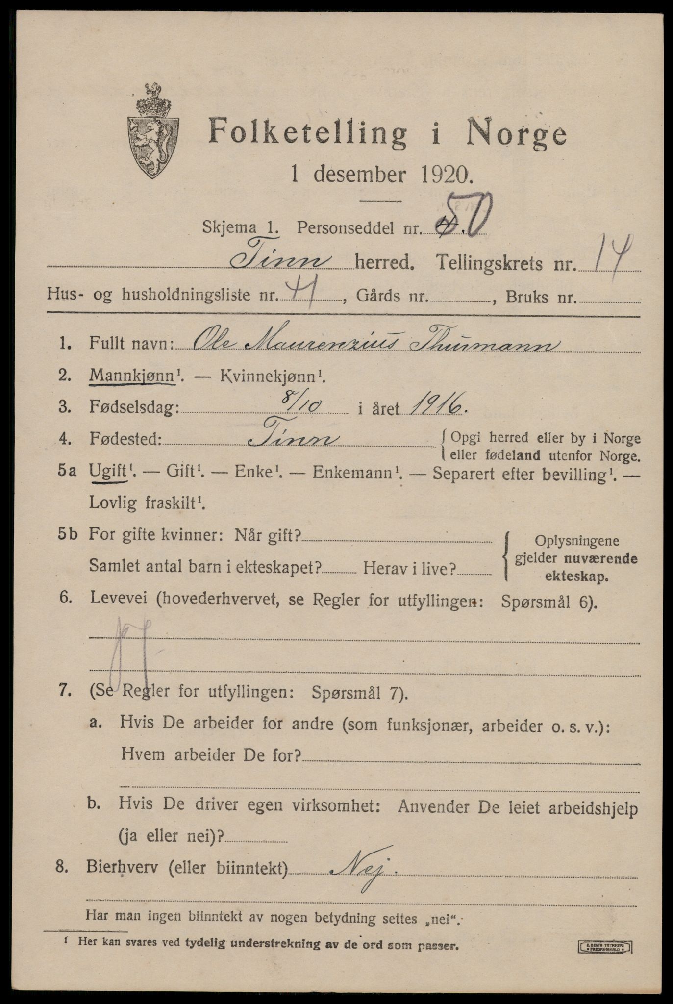 SAKO, 1920 census for Tinn, 1920, p. 9902