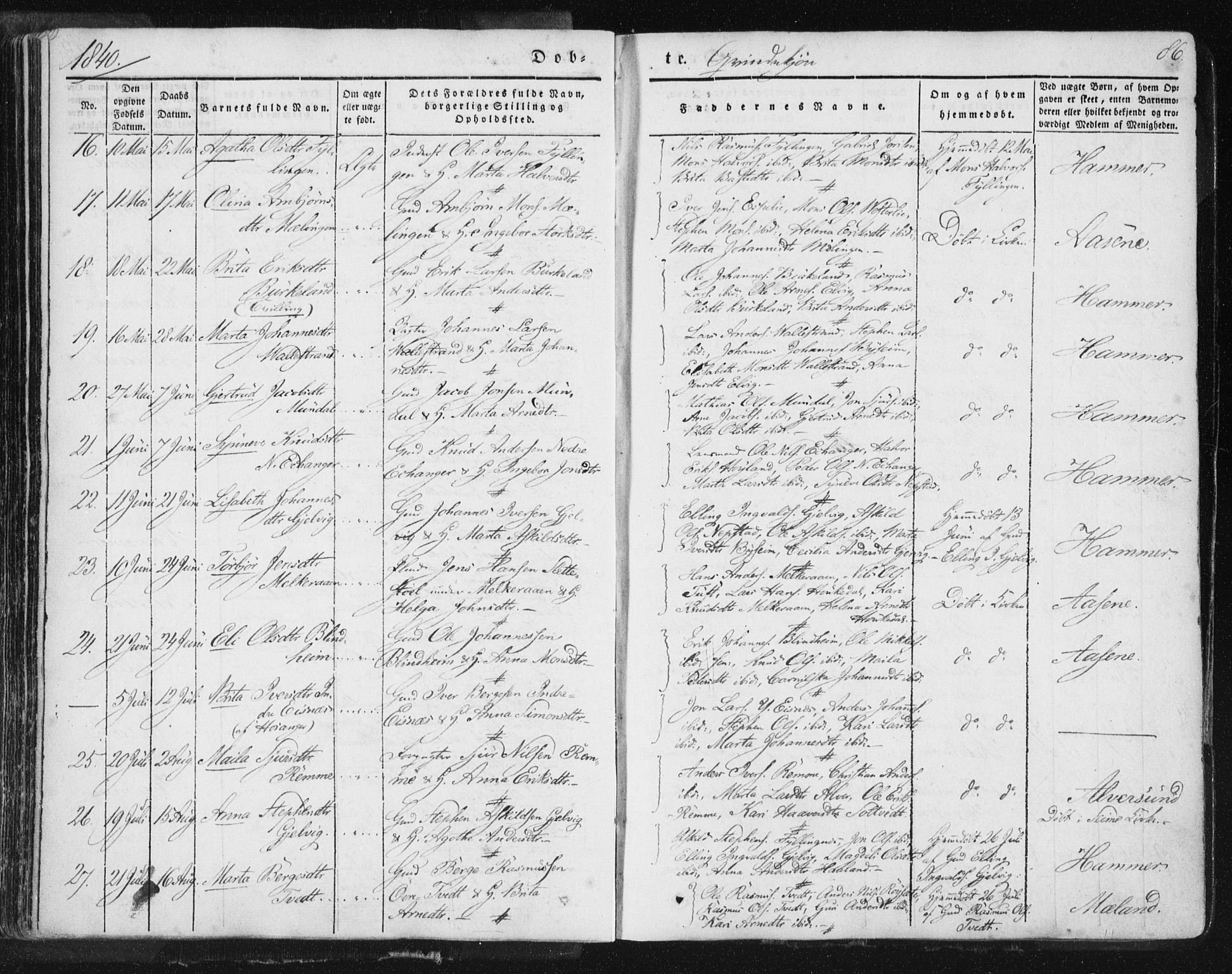 Hamre sokneprestembete, AV/SAB-A-75501/H/Ha/Haa/Haaa/L0012: Parish register (official) no. A 12, 1834-1845, p. 86