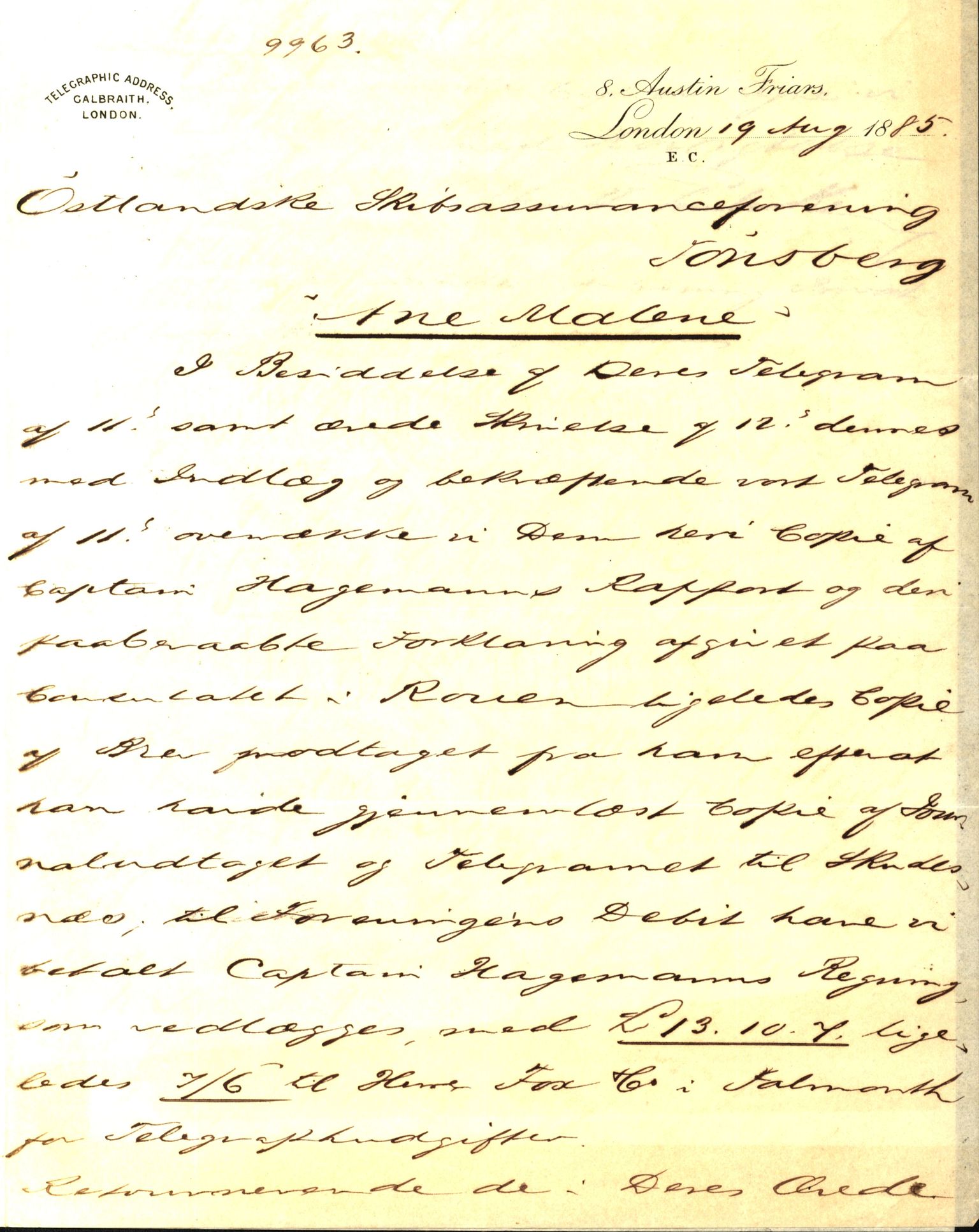 Pa 63 - Østlandske skibsassuranceforening, VEMU/A-1079/G/Ga/L0018/0002: Havaridokumenter / Anne Malene, Væni, Øgir, Fredrikke, Fredrik Stang, 1885, p. 2