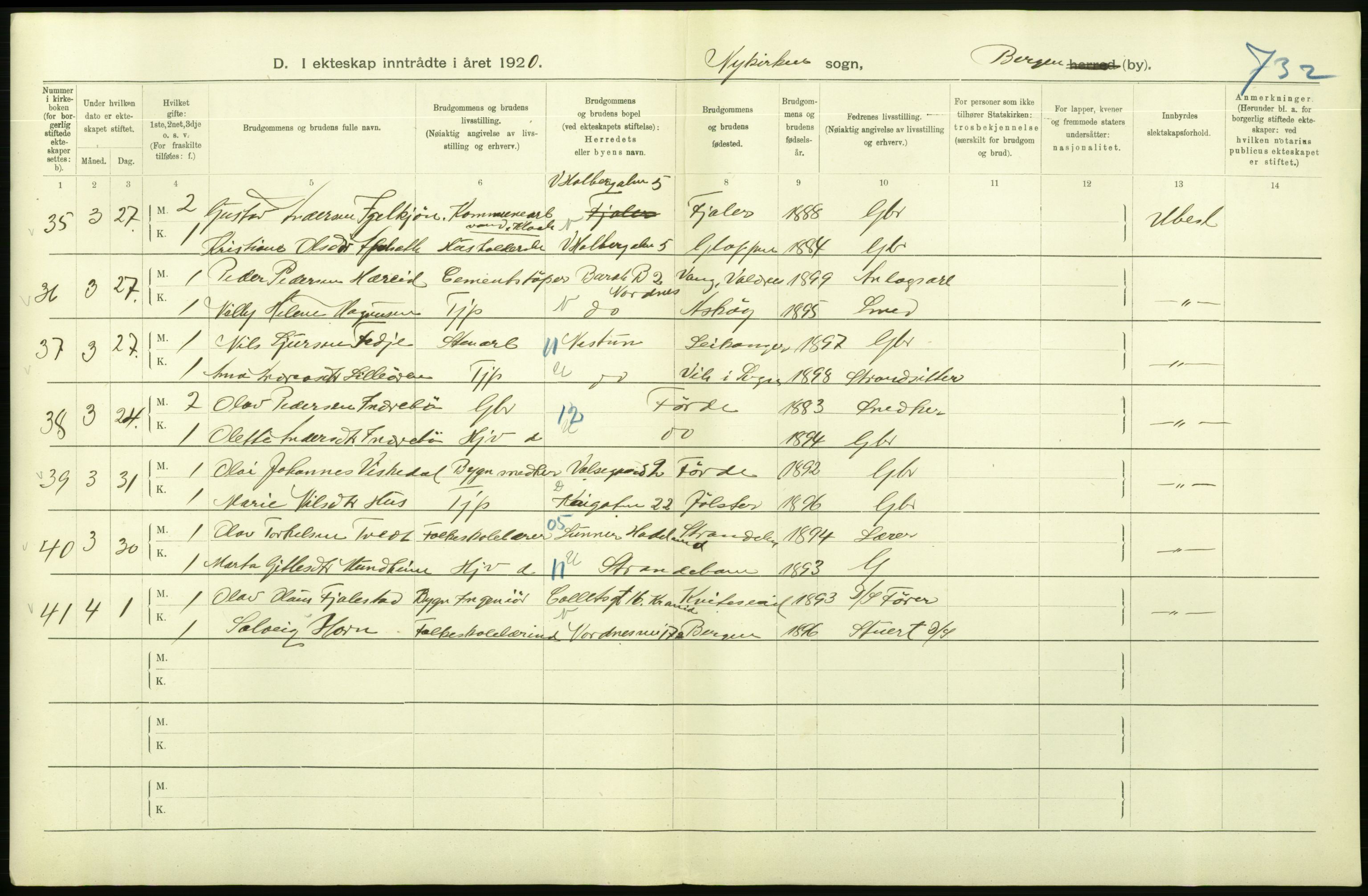 Statistisk sentralbyrå, Sosiodemografiske emner, Befolkning, AV/RA-S-2228/D/Df/Dfb/Dfbj/L0042: Bergen: Gifte, døde, dødfødte., 1920, p. 146