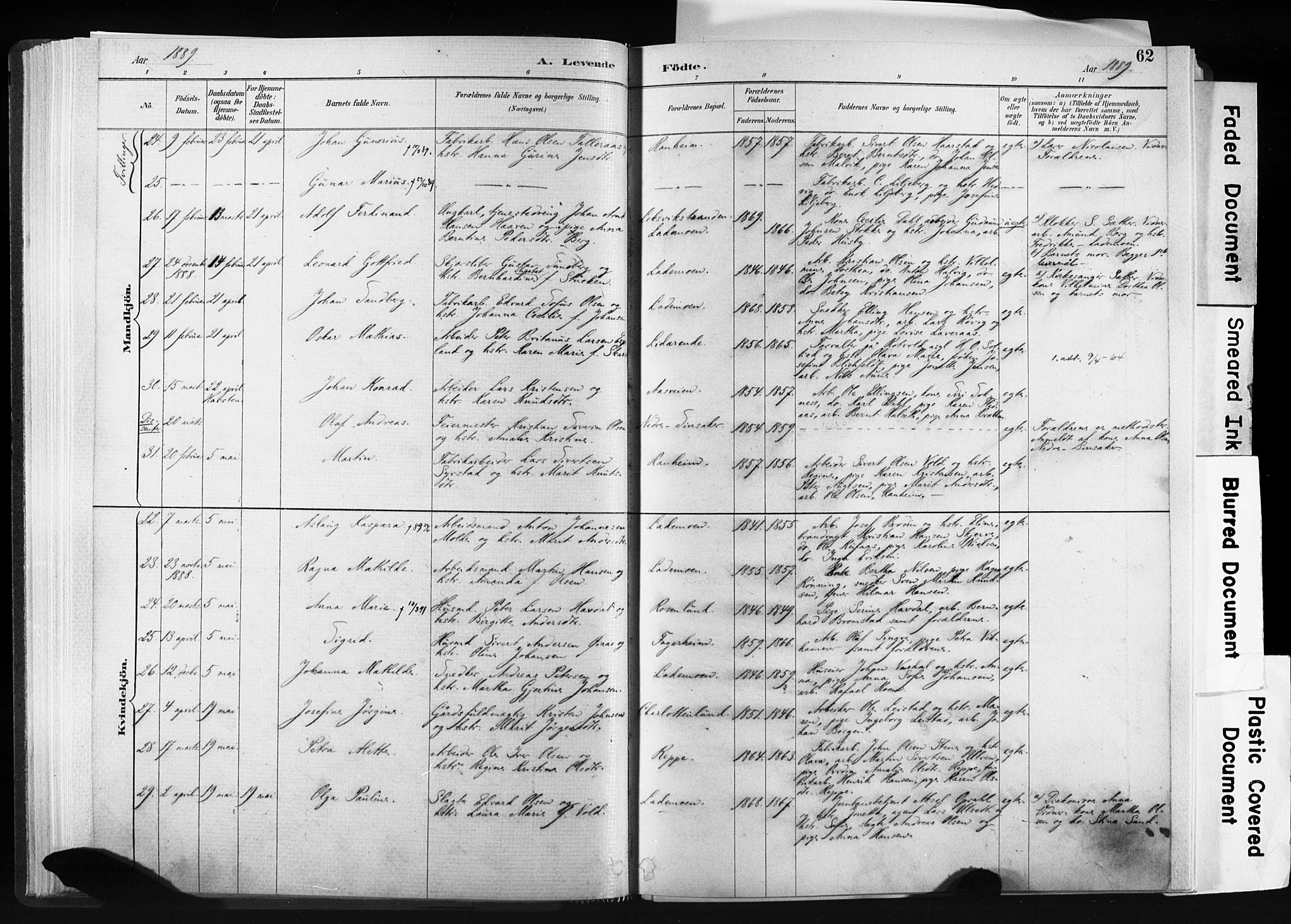 Ministerialprotokoller, klokkerbøker og fødselsregistre - Sør-Trøndelag, AV/SAT-A-1456/606/L0300: Parish register (official) no. 606A15, 1886-1893, p. 62