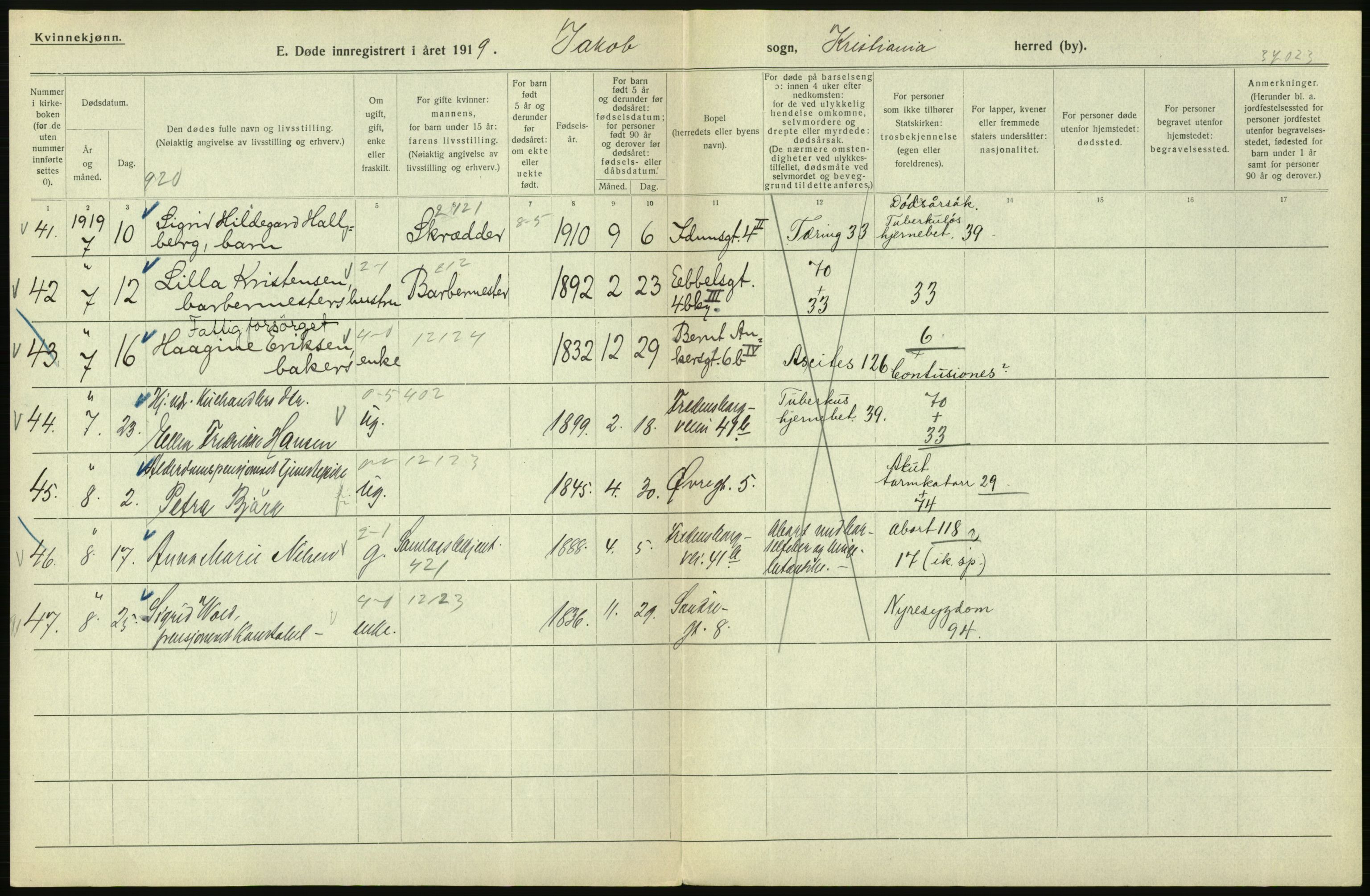 Statistisk sentralbyrå, Sosiodemografiske emner, Befolkning, AV/RA-S-2228/D/Df/Dfb/Dfbi/L0011: Kristiania: Døde, dødfødte, 1919