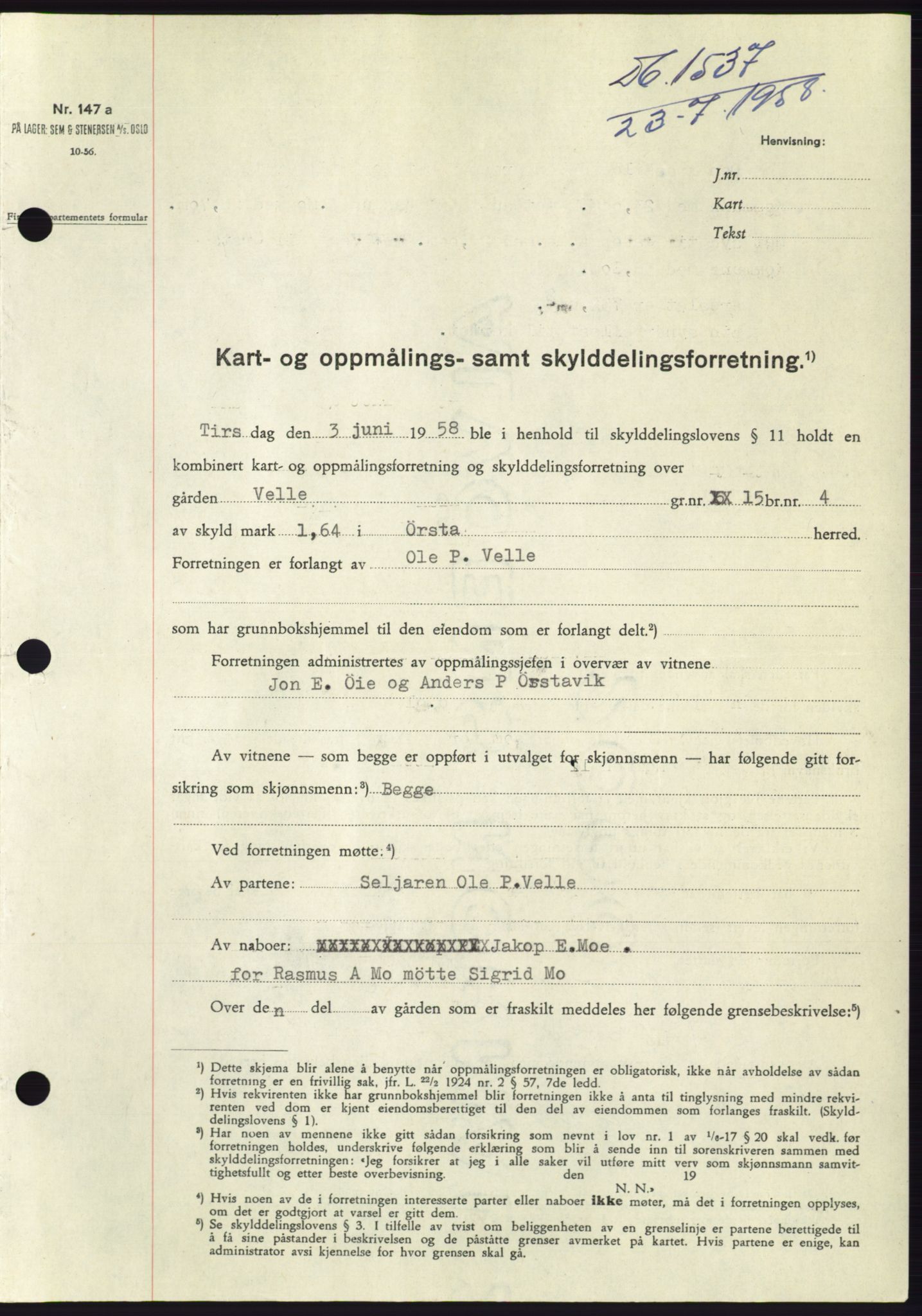 Søre Sunnmøre sorenskriveri, AV/SAT-A-4122/1/2/2C/L0110: Mortgage book no. 36A, 1958-1958, Diary no: : 1537/1958