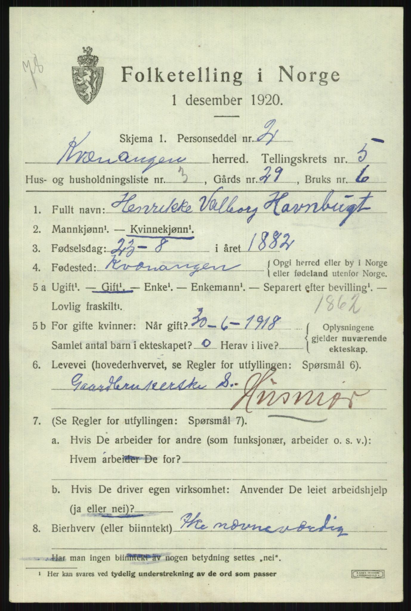 SATØ, 1920 census for Kvænangen, 1920, p. 3088