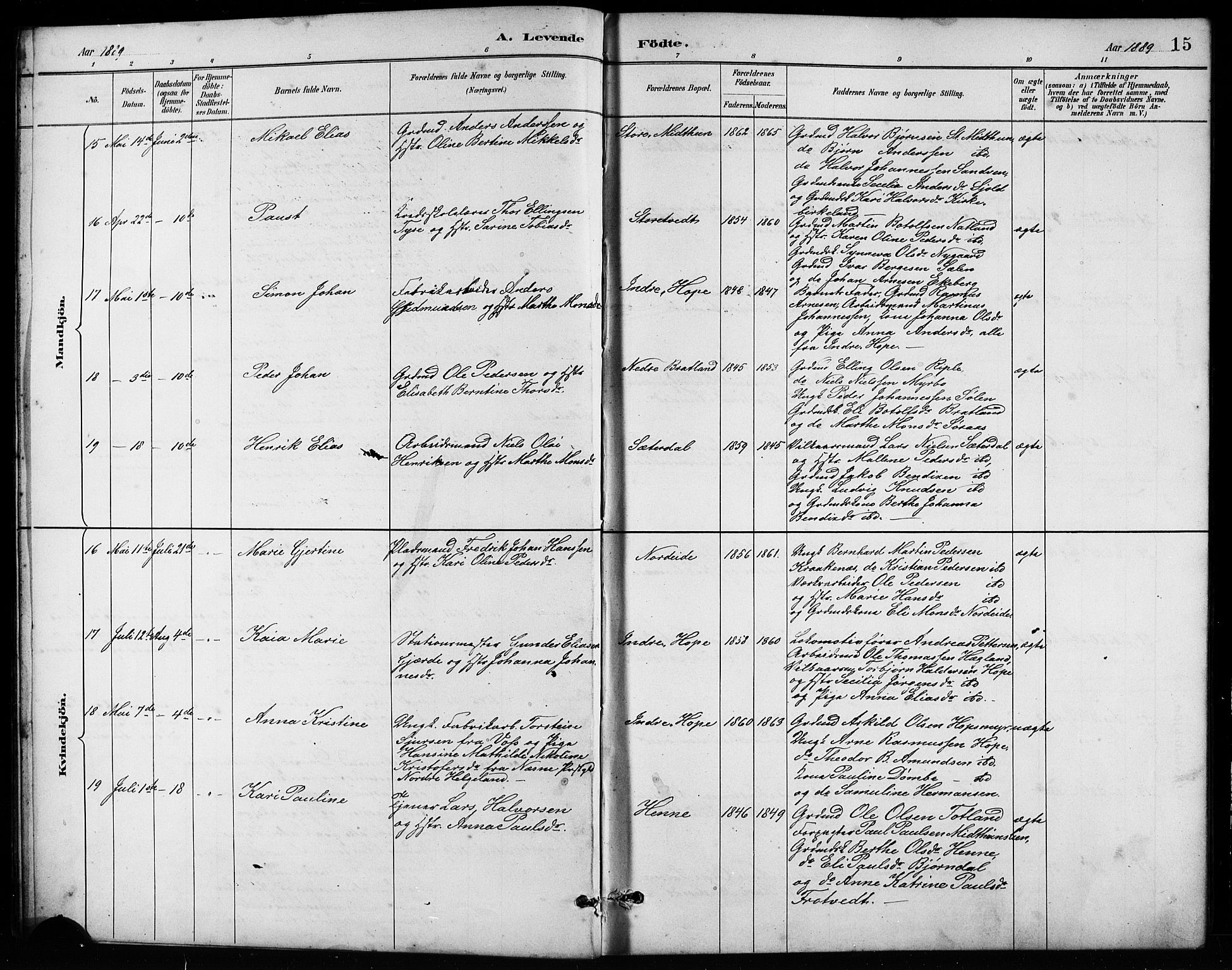 Birkeland Sokneprestembete, SAB/A-74601/H/Hab: Parish register (copy) no. A 4, 1888-1897, p. 15