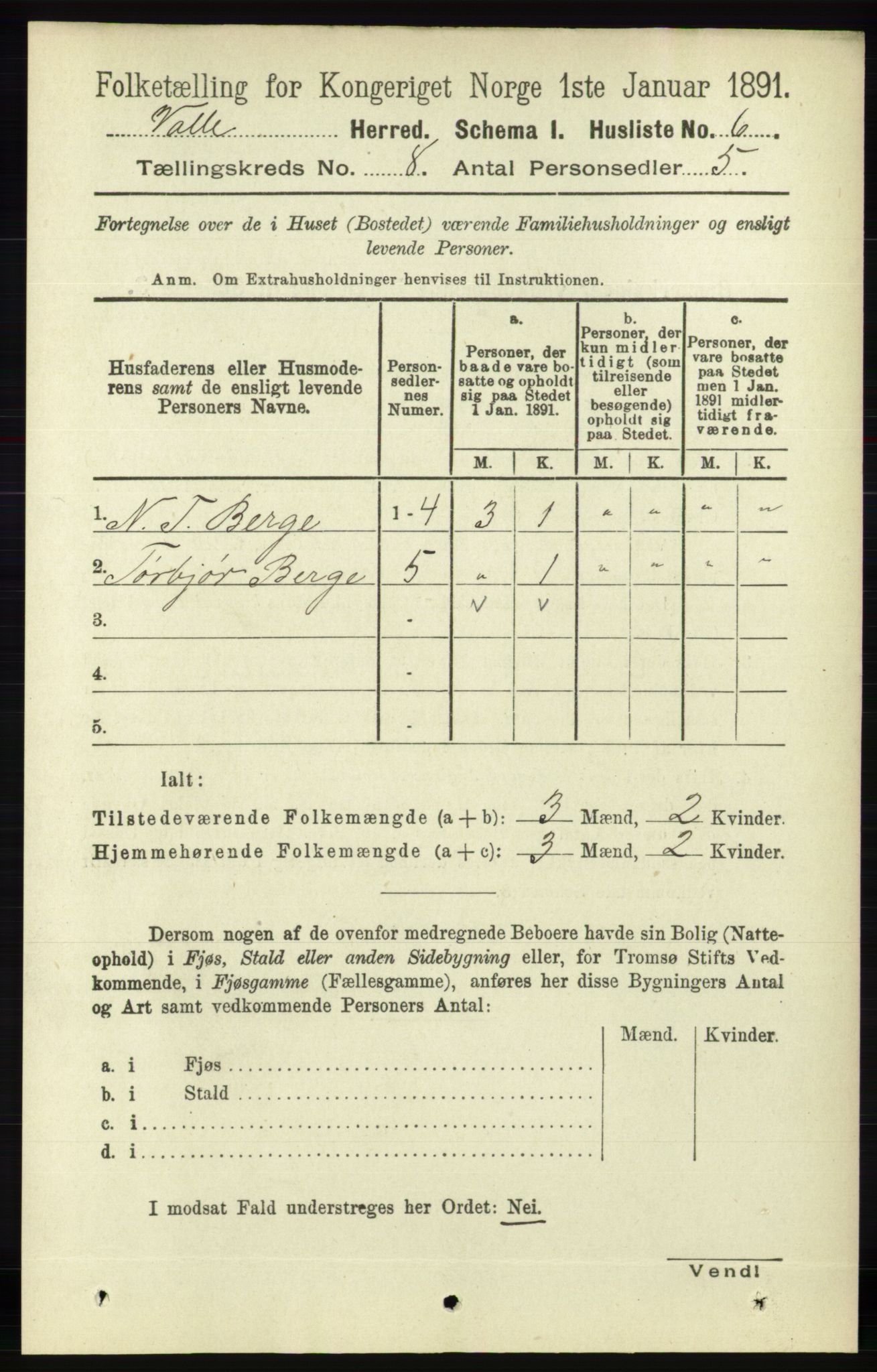 RA, 1891 census for 0940 Valle, 1891, p. 2217