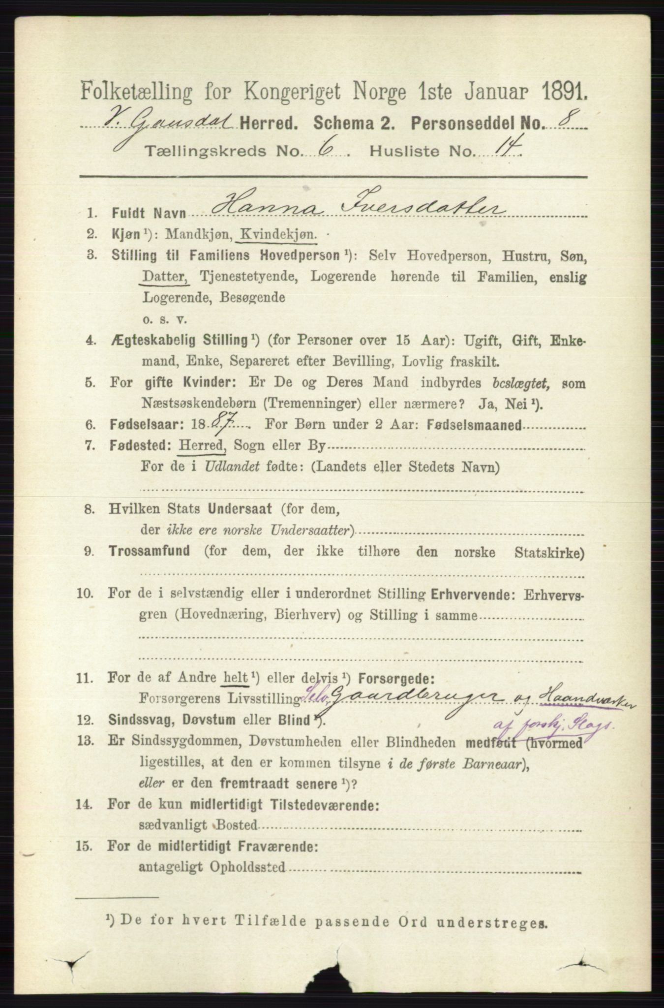 RA, 1891 census for 0523 Vestre Gausdal, 1891, p. 2651