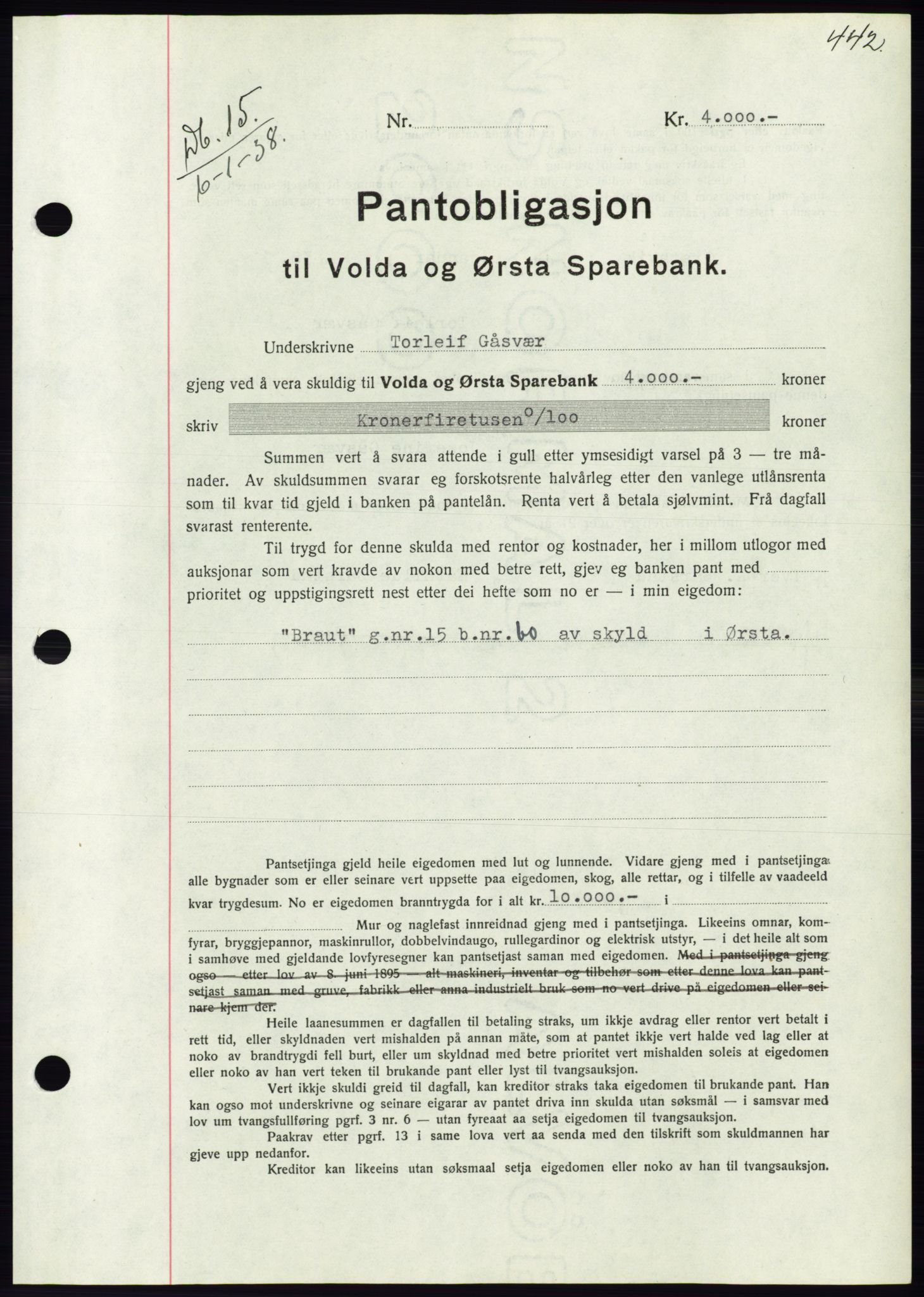 Søre Sunnmøre sorenskriveri, AV/SAT-A-4122/1/2/2C/L0064: Mortgage book no. 58, 1937-1938, Diary no: : 15/1938